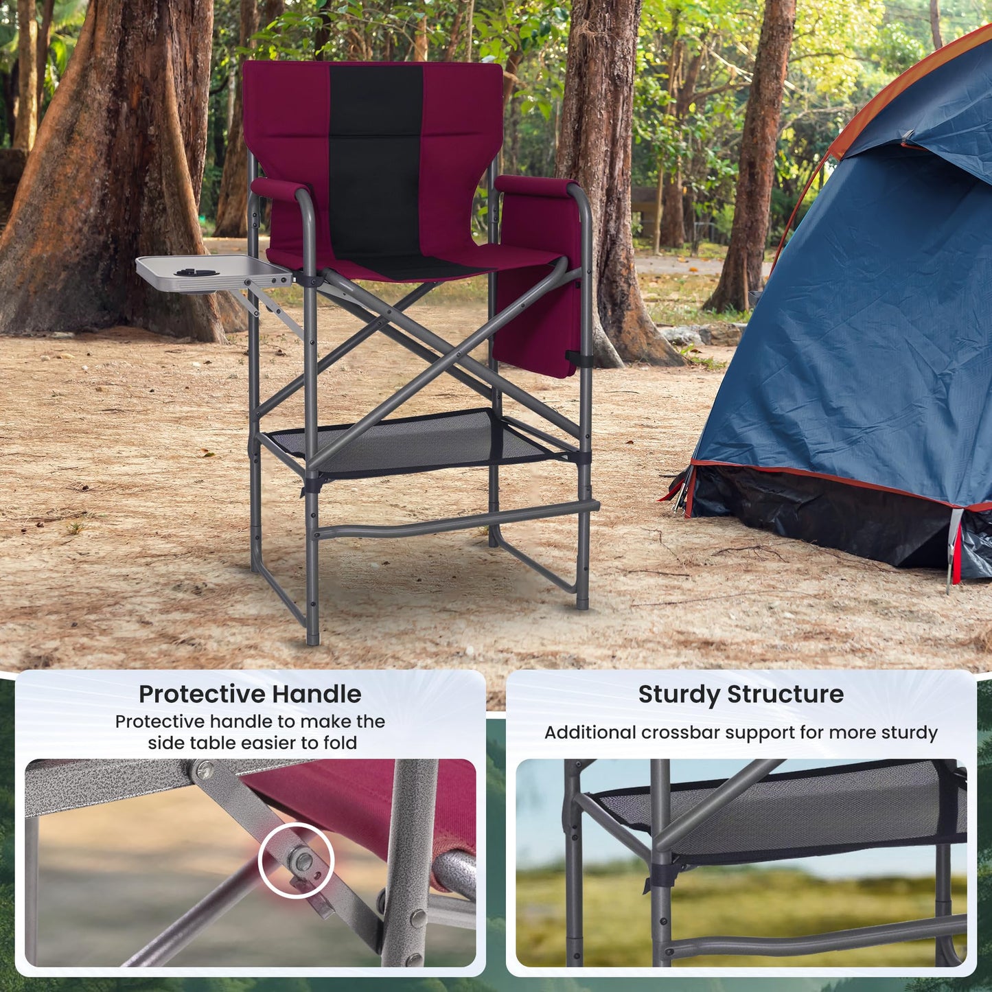 Foristrail 30" Bar Height Director Chair - 400lbs Heavy Duty with Detachable Footrest & Side Table, Portable Foldable Chair for Makeup Artists/Outdoor Events (Wine Red)