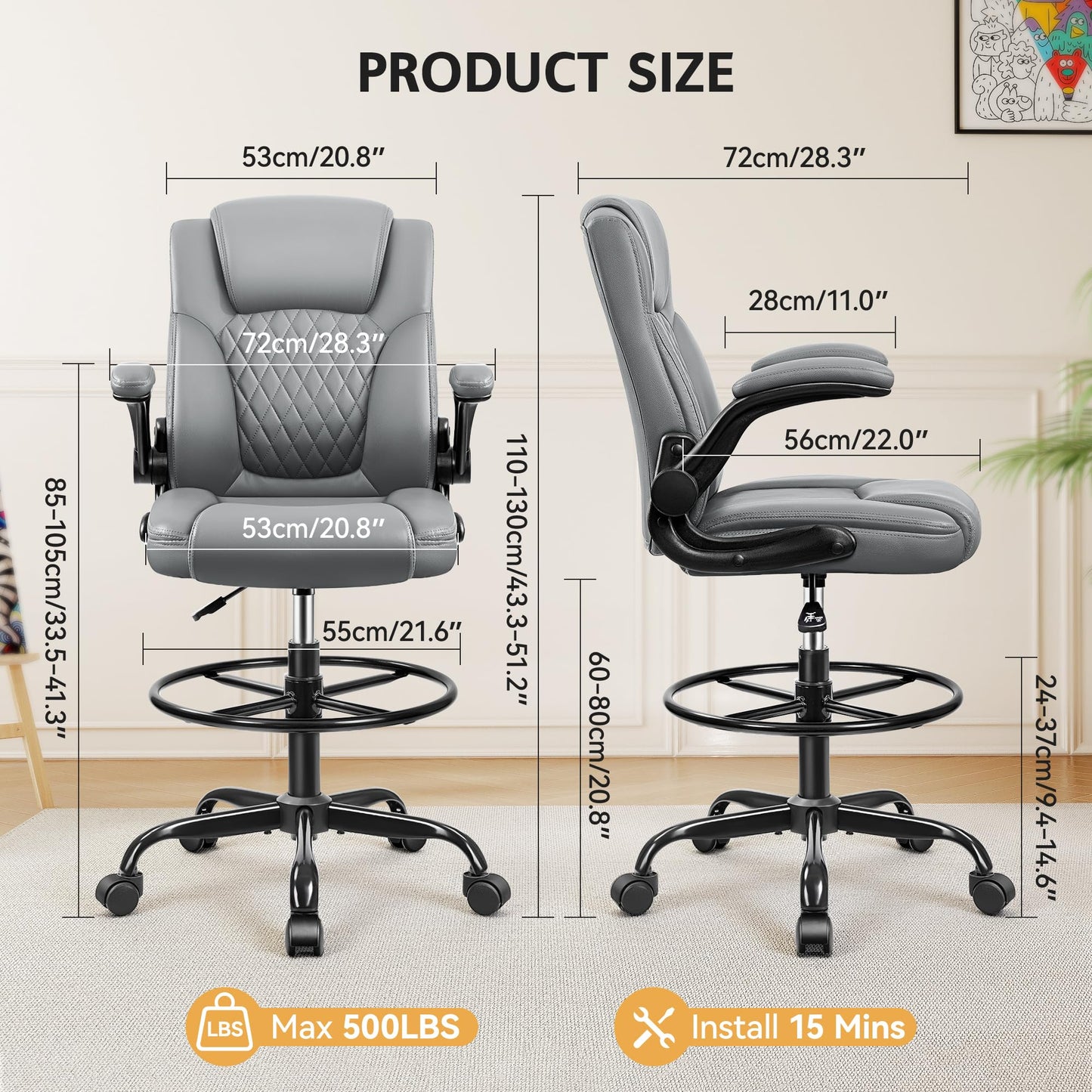 Drafting Chair, Tall Office Chair for Standing Desk, High Executive Leather Ergonomic Computer Chair with Adjustable Height and Flip-Up Armrest for Counter Height Desk, Grey, Pack of 1