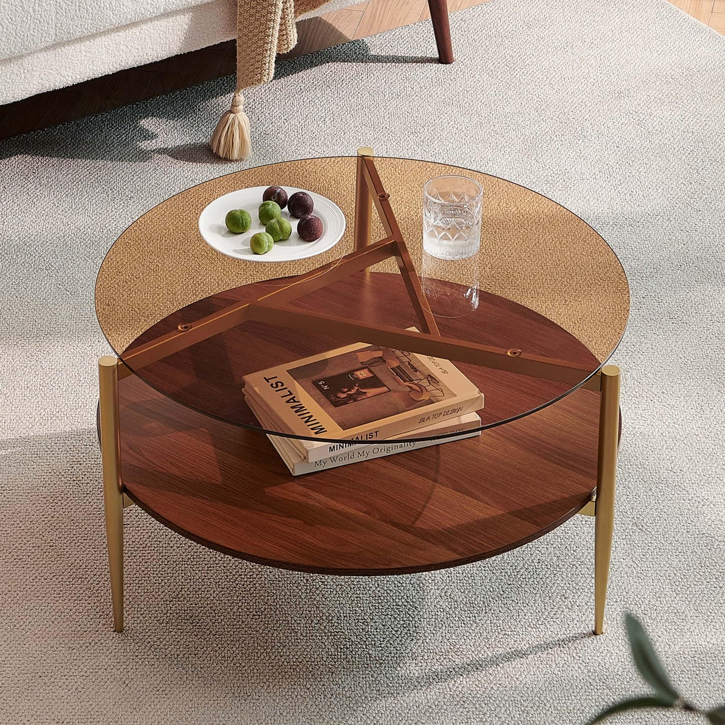 Pine Flicker Round Coffee Table, Mid-Century Modern Design, D30*H17 inch, for Living Room, 2-Tier Structure, Amber Glass Top and Walnut Wood Shelf, Sleek Conical Metal Legs with Gold Finish