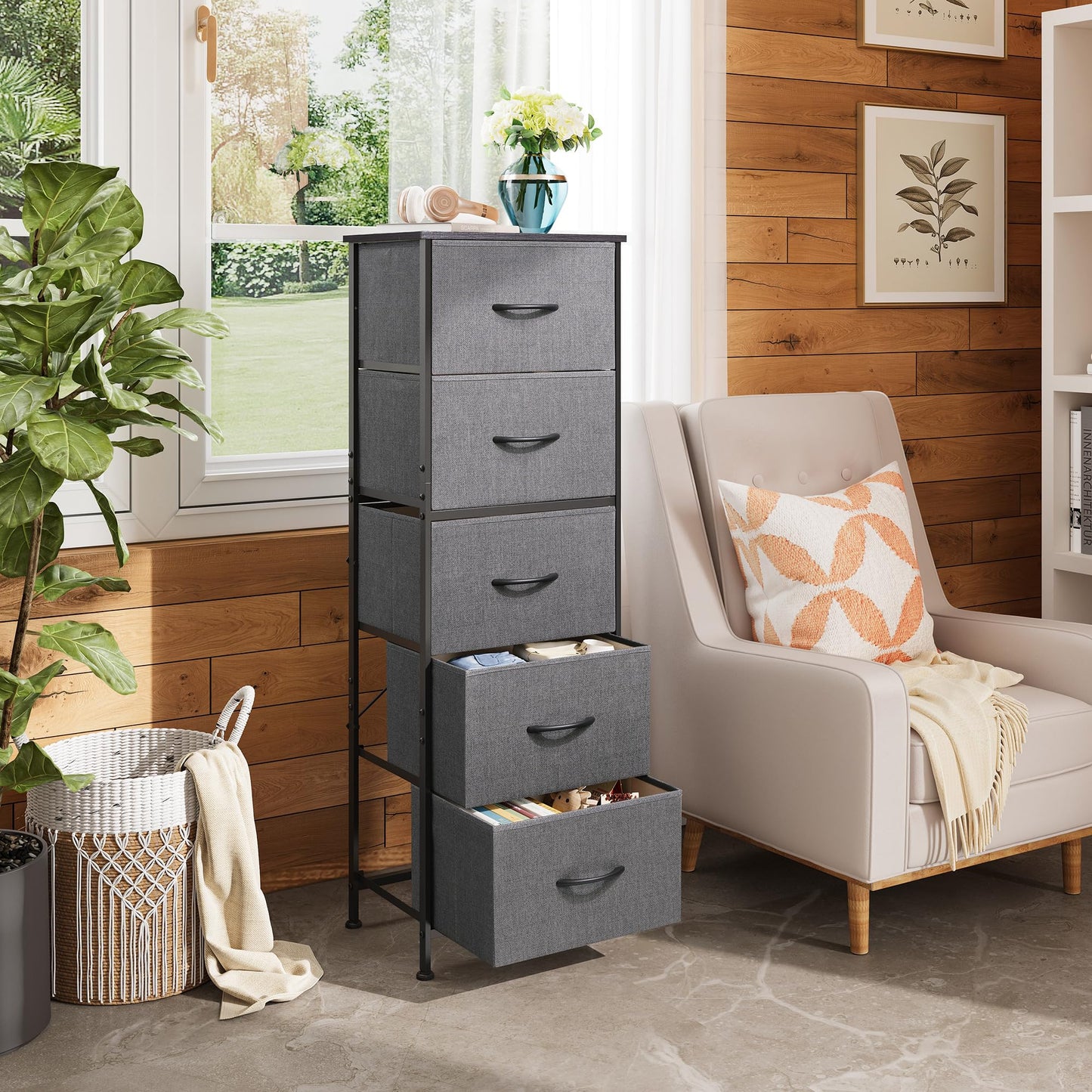 WLIVE Fabric Dresser, 5-Drawer Tall Dressers for Bedroom, Storage Dresser Organizer with Fabric Bins, Wood Top, Sturdy Steel Frame, Chest of Drawers for Closet, Hallway, Dark Grey