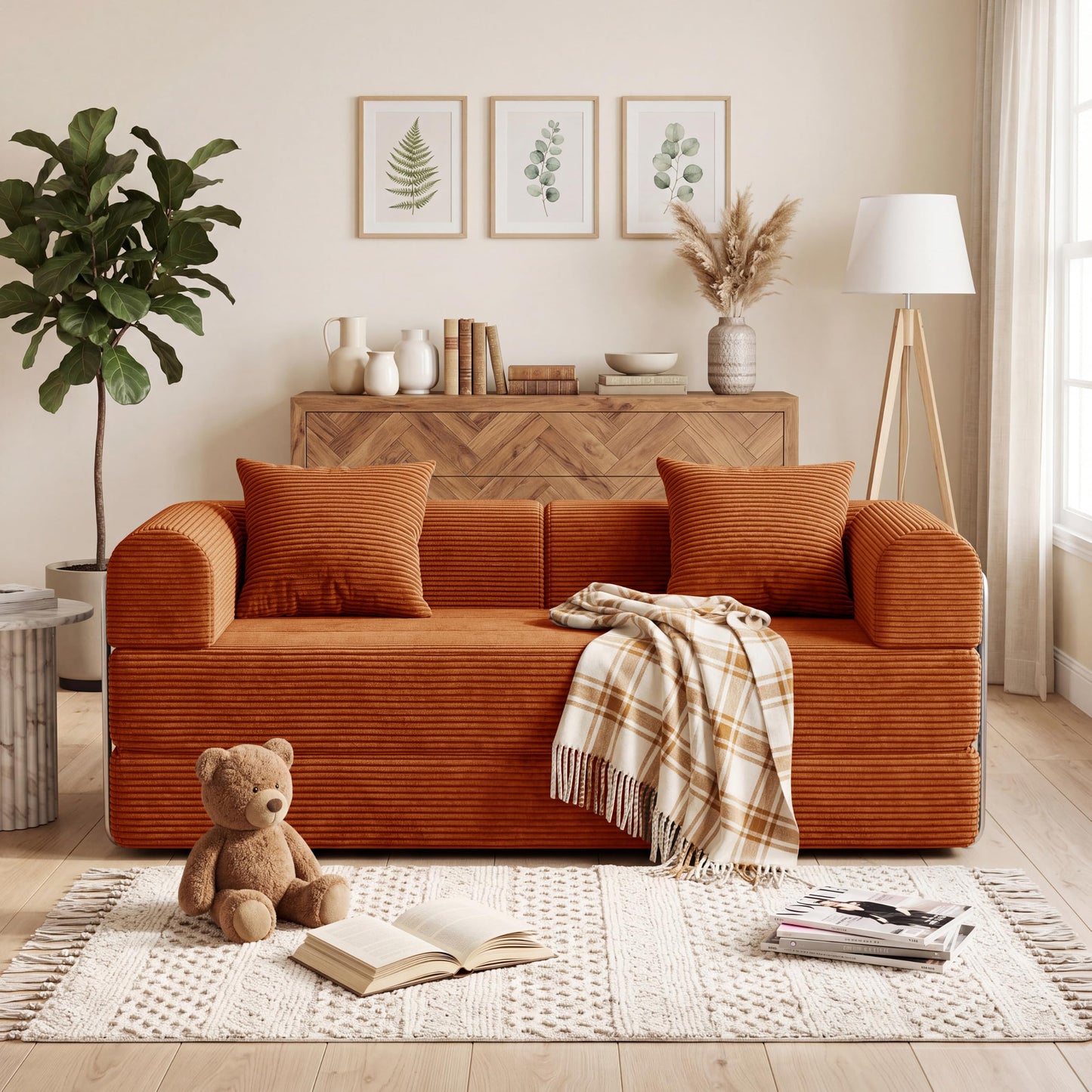 59'' Convertible Compressed Corduroy Folding Cloud Sofa Bed, Modern Boneless Pull Out Loveseat Sleeper in a Box, 4 in 1 Floor Mattress Futon Fluffy Couch, No Assembly Needed, Orange, 2 Pillows, Full