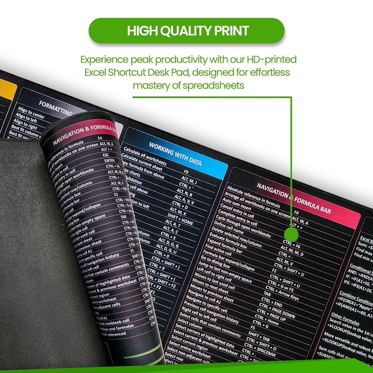FzGuides Large Excel Cheat Sheet Desk Pad | Excel Pad Shortcut Keys Mouse Mat - Extended Office Excel Mouse Pad with Excel Shortcuts & Formulas | Waterproof | XL Giant Deskpad for Desk 35.5" x 15.7"