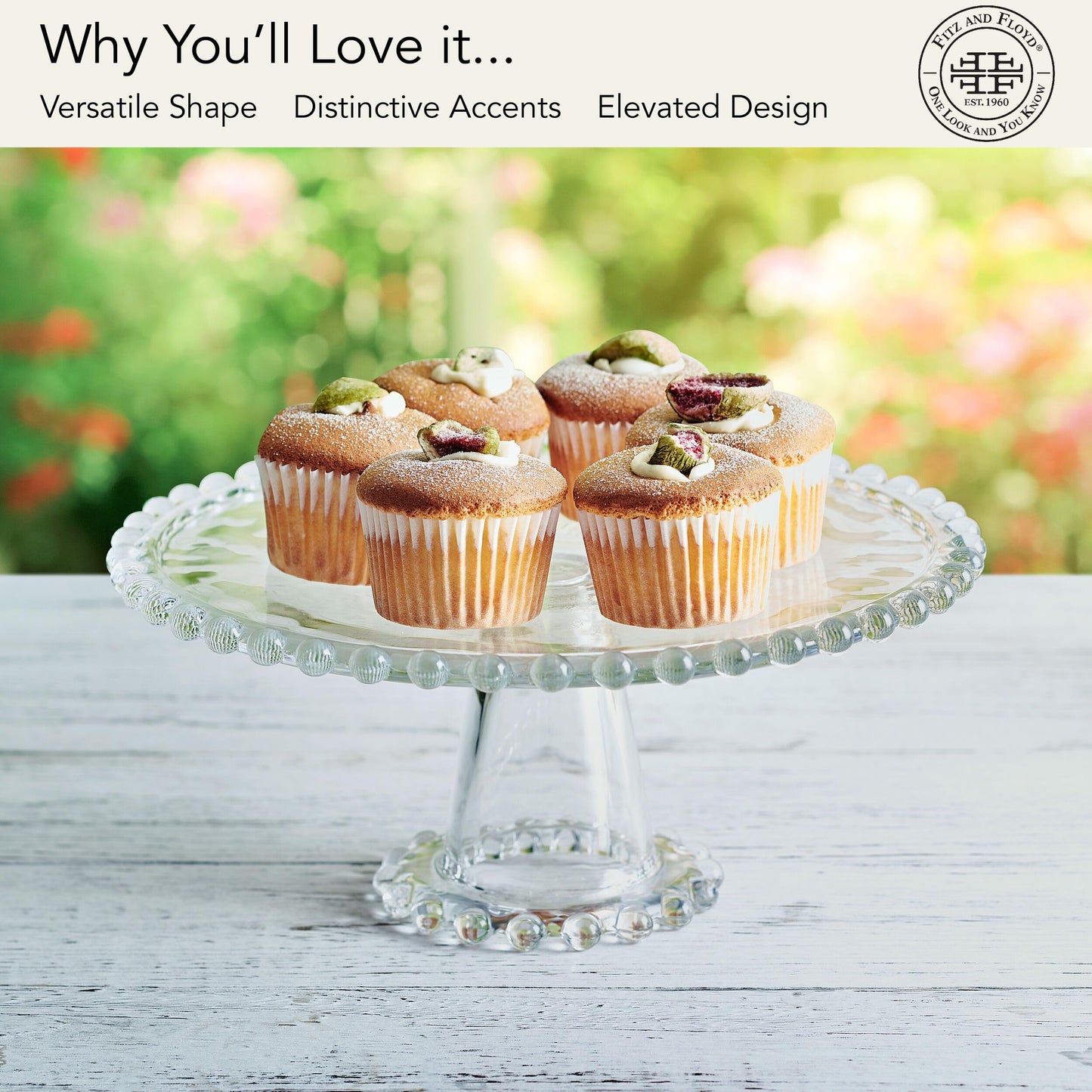 Fitz & Floyd Beaded Large Glass Cake Stand, 10.75 Inch Clear Glass Pedestal Cake Stand for Desserts, Appetizers, and Entertaining