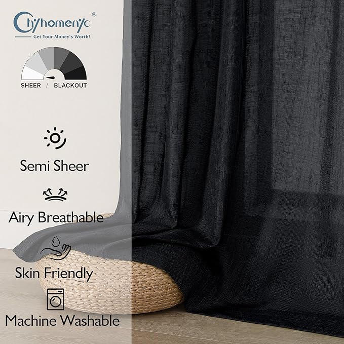 Chyhomenyc Black Semi Sheer Curtains 72 Inch Length 2 Panels Set, Light