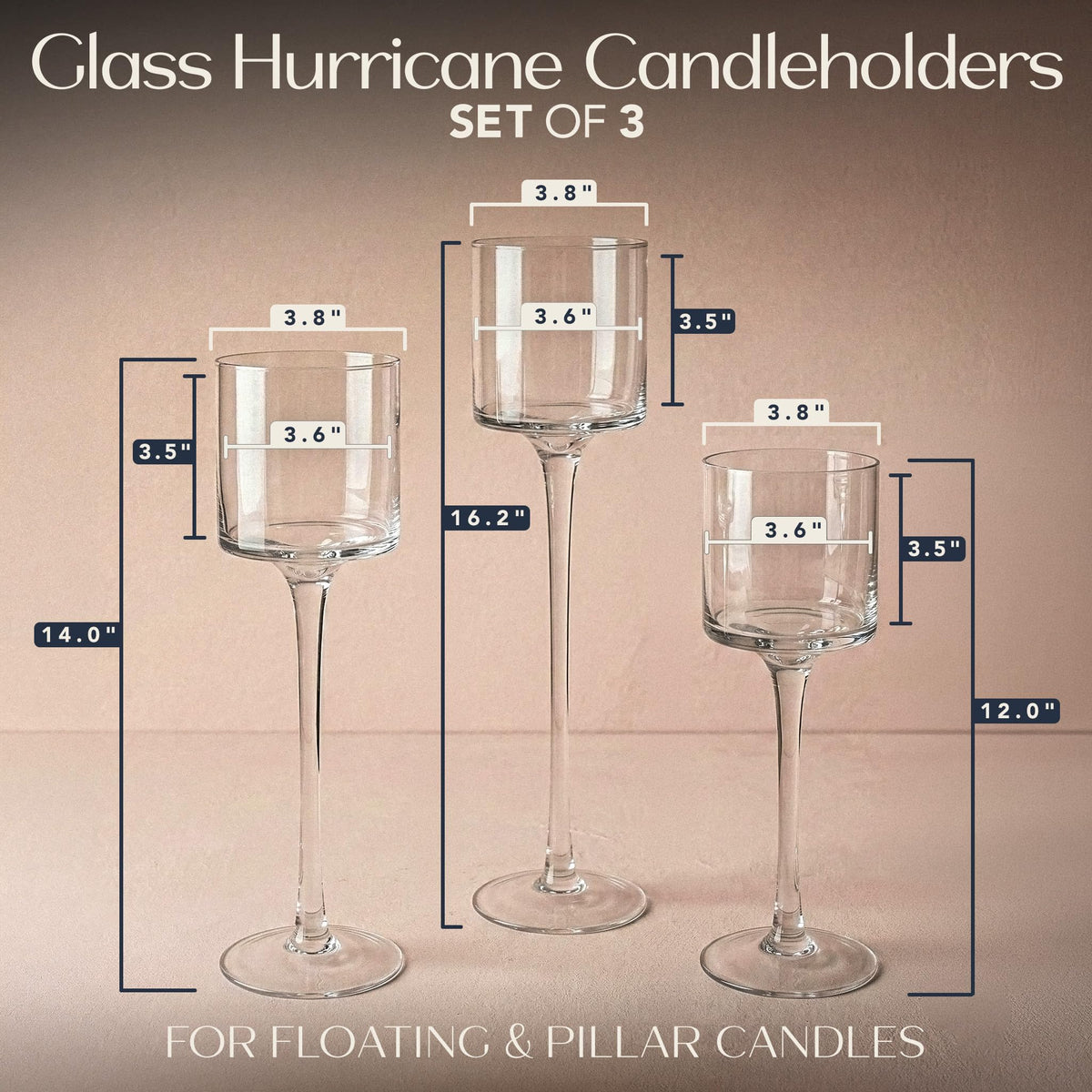 Royal Imports Glass Candleholder Flower Vase, Floating & Pillar Candle Centerpiece Display, Decorative Hurricane on Pedestal for Home or Wedding Set of 3, Clear
