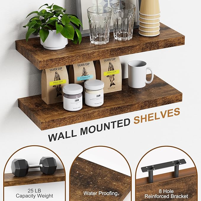 Bellsal Floating Shelves for Wall, Rustic Brown Wood Wall Shelf Set of 4
