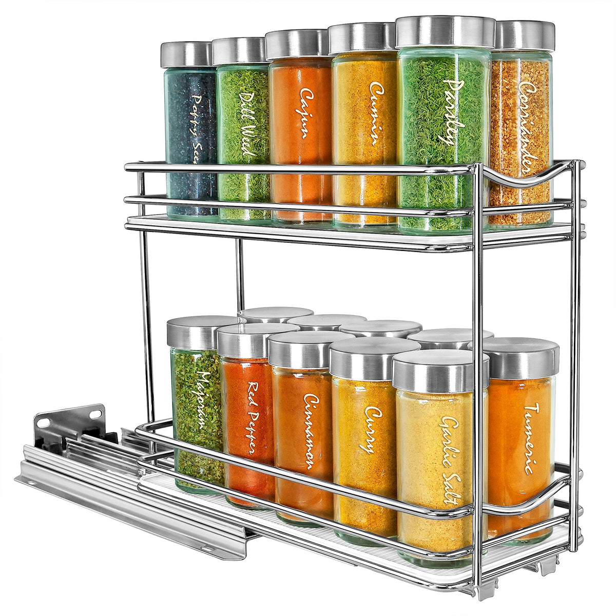 LYNK PROFESSIONAL® Pull Out Spice Organization for Cabinets - 4-3/8 inch Wide – Spice Rack for Inside Cabinets, Slide Out Spice Rack Organizer for cabinet – Pull Out Spice Rack, Sliding 2 Tier Chrome