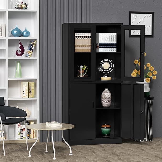 71”H Display Cabinet with Adjustable Shelves, 4 Door Display Cabinets with