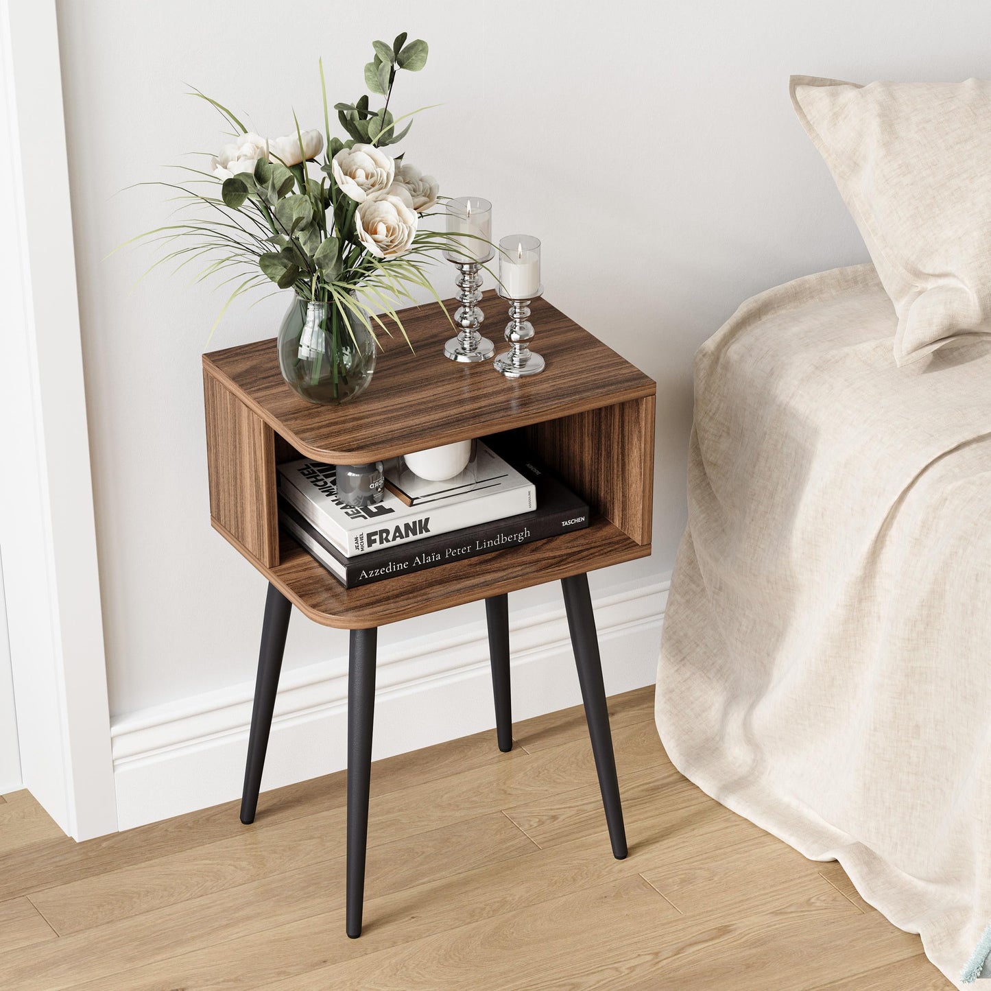 Nightstand Set of 2, Small Bed Side Table for Small Spaces, Mid Century Modern Nightstand End Table with Open Storage, Side Table for Bedroom Living Room, Walnut Brown MLBZ20R-2