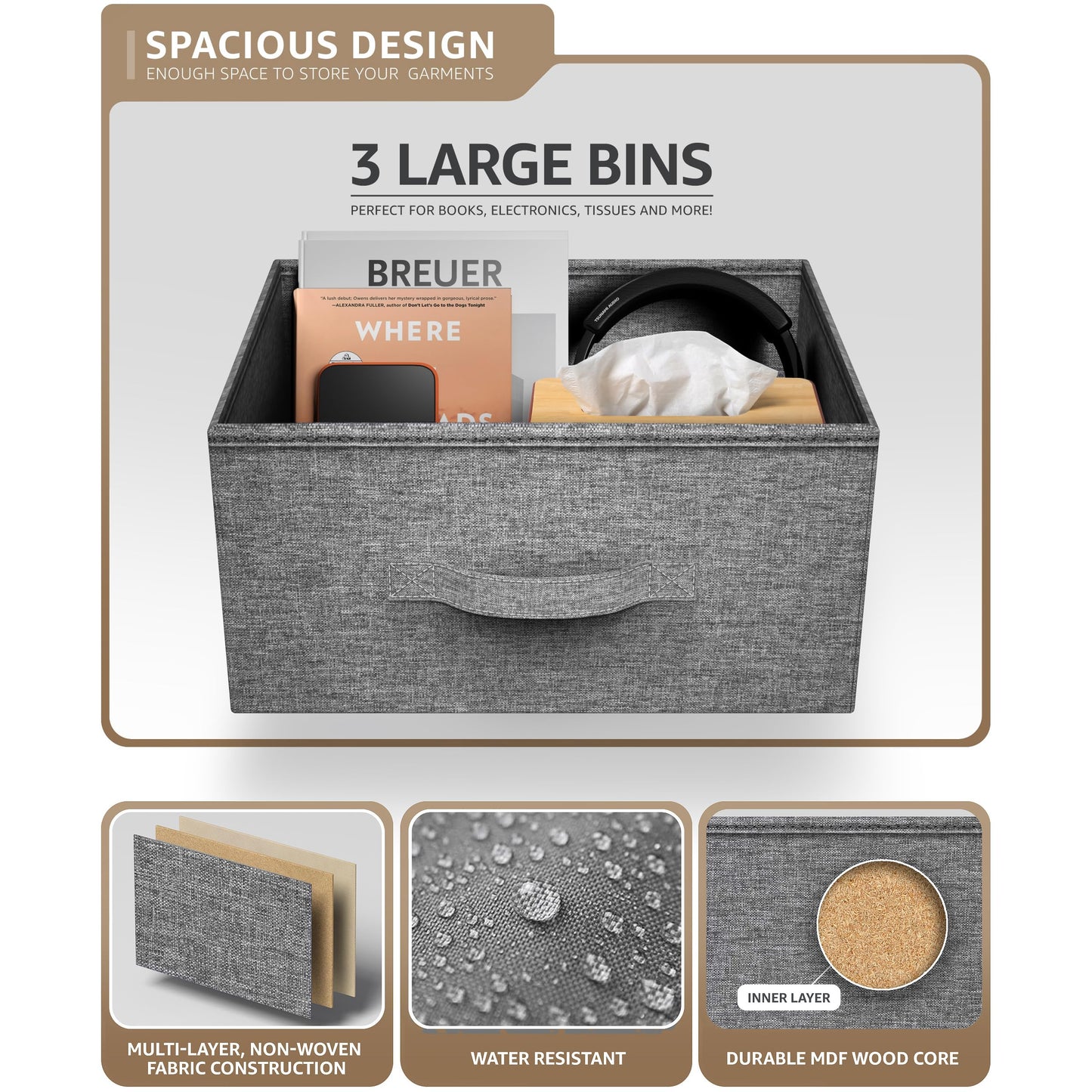Sorbus Nightstand with 3 Drawers - Bedside Furniture & Night Stand End Table Dresser with Steel Frame, Wood Top, Easy Pull Fabric Bins for Home, Bedroom Accessories, Office & Dorm