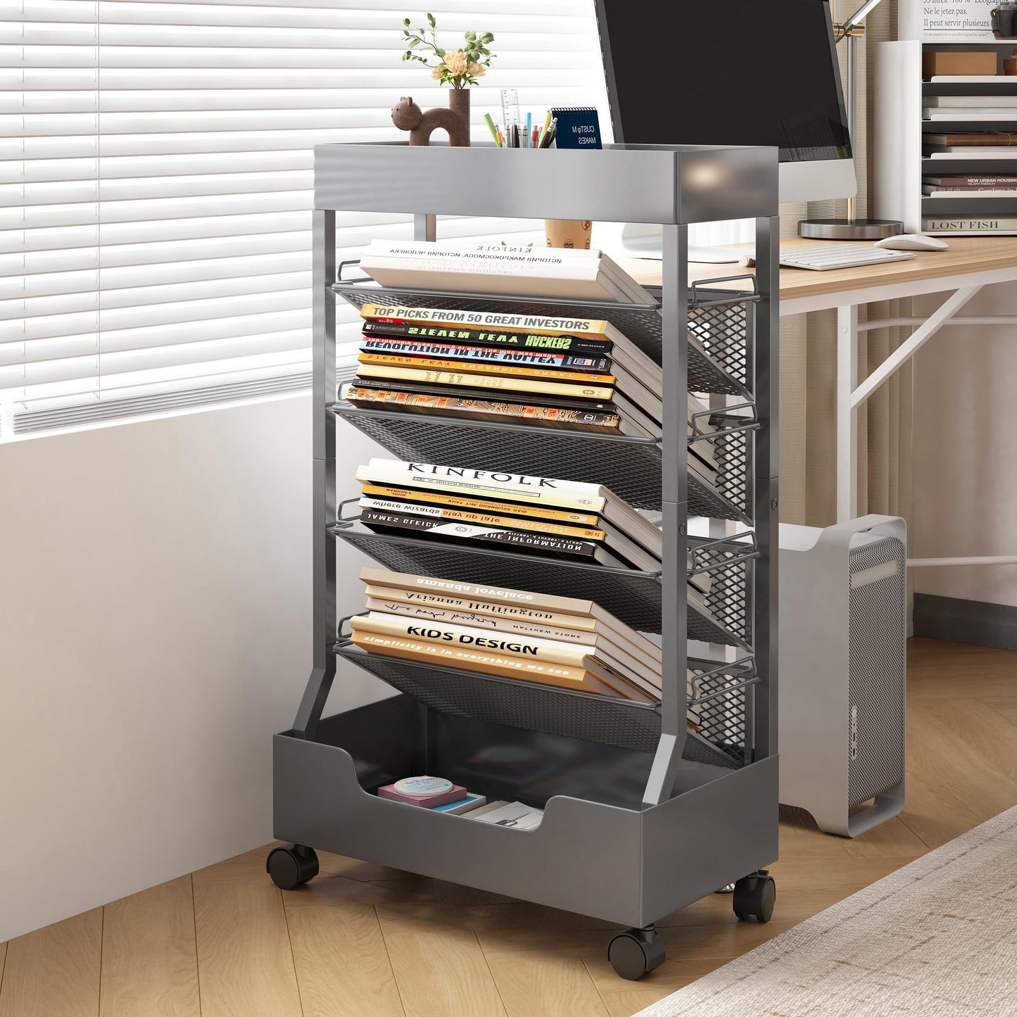 UMDONX Modern Mobile Book Cart Single-Sided Rolling Bookshelf with Metal Top & Base, Premium Snap-in Shelves, Heavy Duty & Elegant Storage for Home Study, Office, Classroom Gunmetal Gray