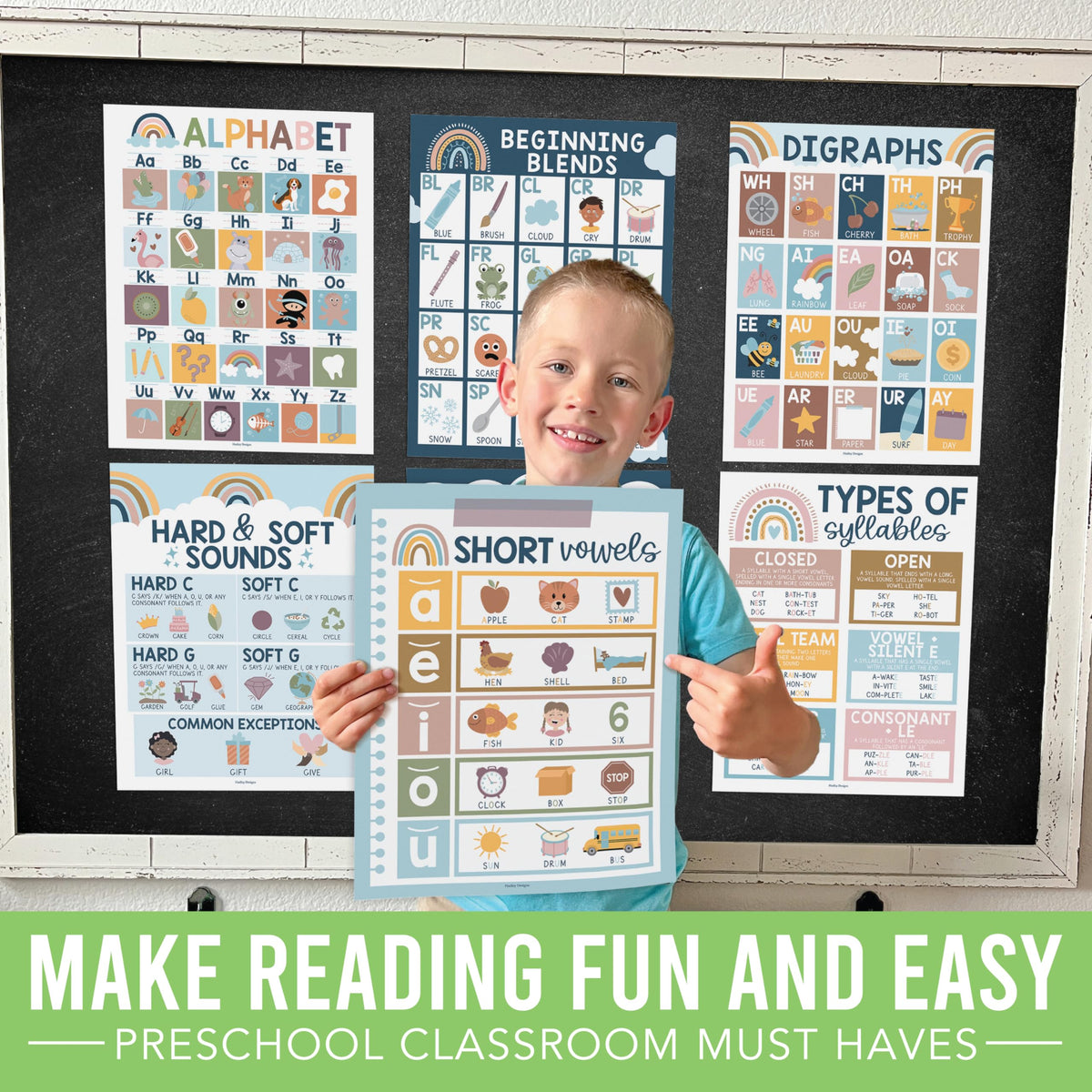 Hadley Designs Phonics Posters for Classroom Must Haves - 9 Sound Wall for Kindergarten & Elementary Teacher Supplies, Syllable, Vowels, Digraphs & Blends Bulletin Board Set, Boho Classrom Decor