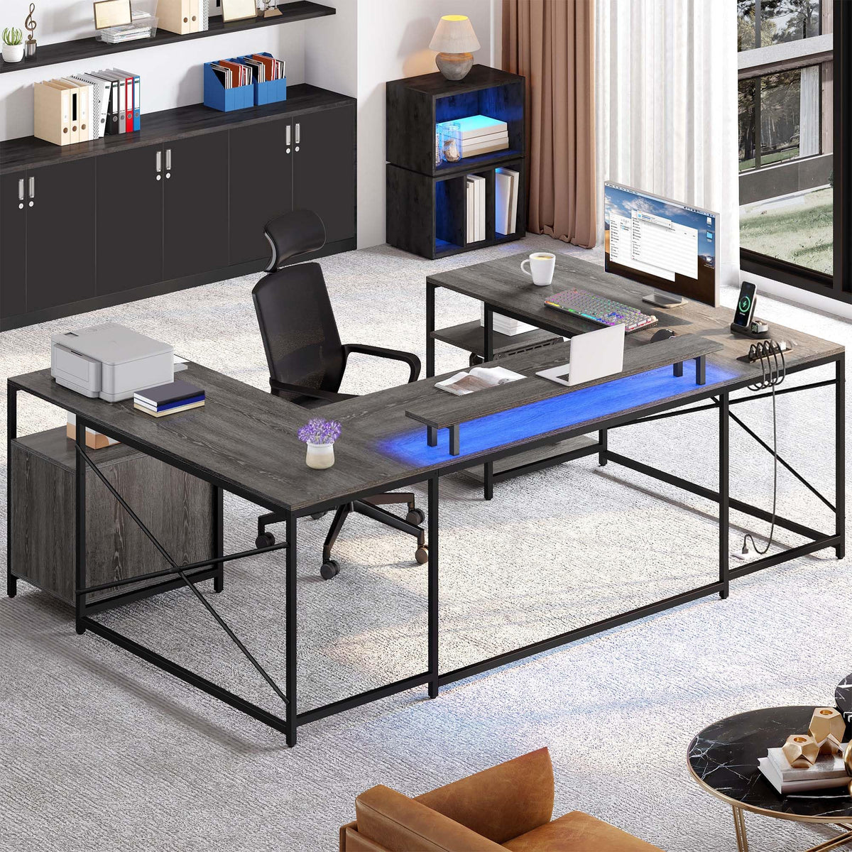 YITAHOME U Shaped Desk with Power Outlets & LED Lights, 79" Reversible L Shaped Desk with Drawers, Corner Computer Desk Office Desk with Monitor Stand & Storage Shelves, Grey