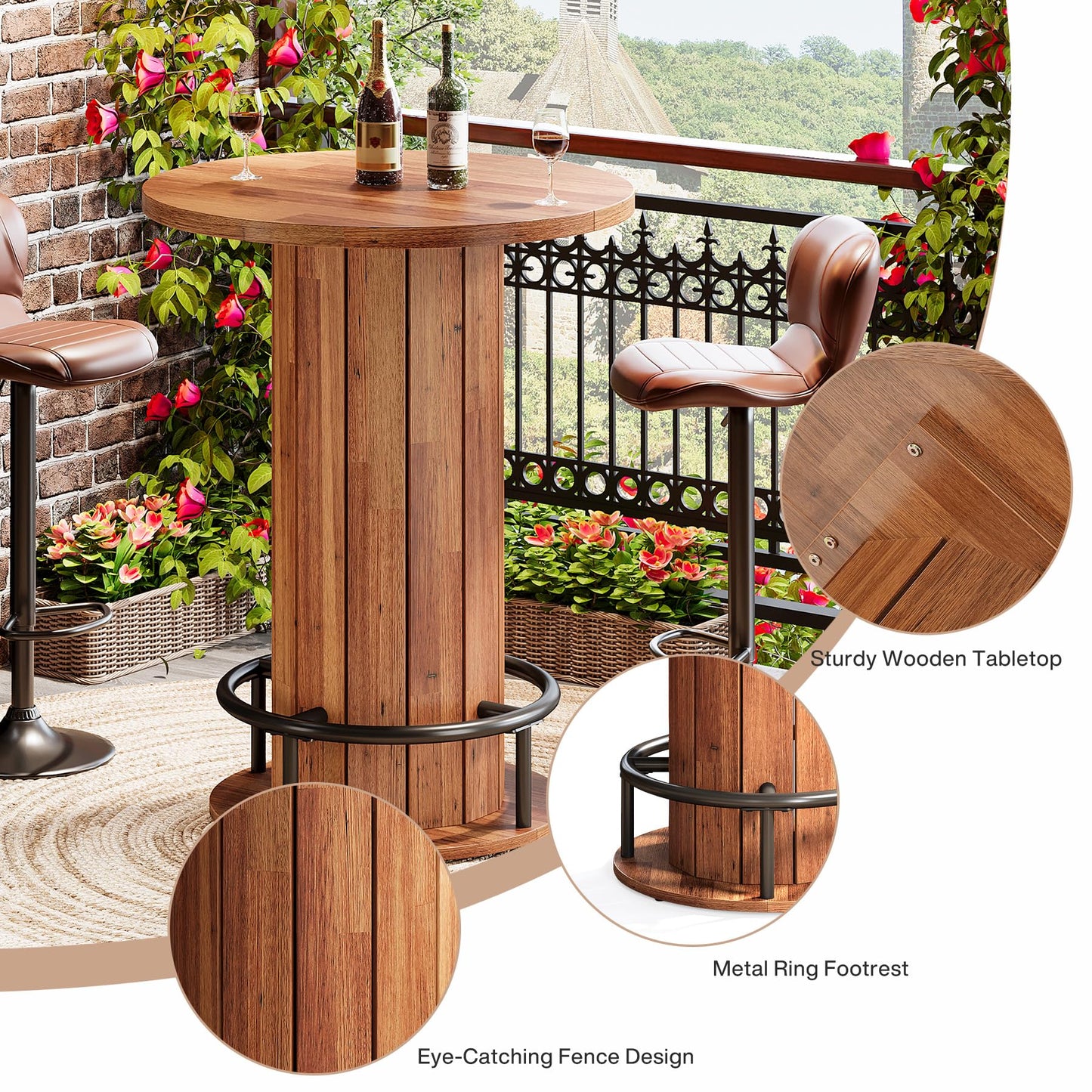 Tribesigns Round Bar Table, 39.4" H Wood Bistro Pub Table with Metal Ring Footrest for Dining Coffee Cocktail Living Room, Small Space, Walnut Brown (Only Table)
