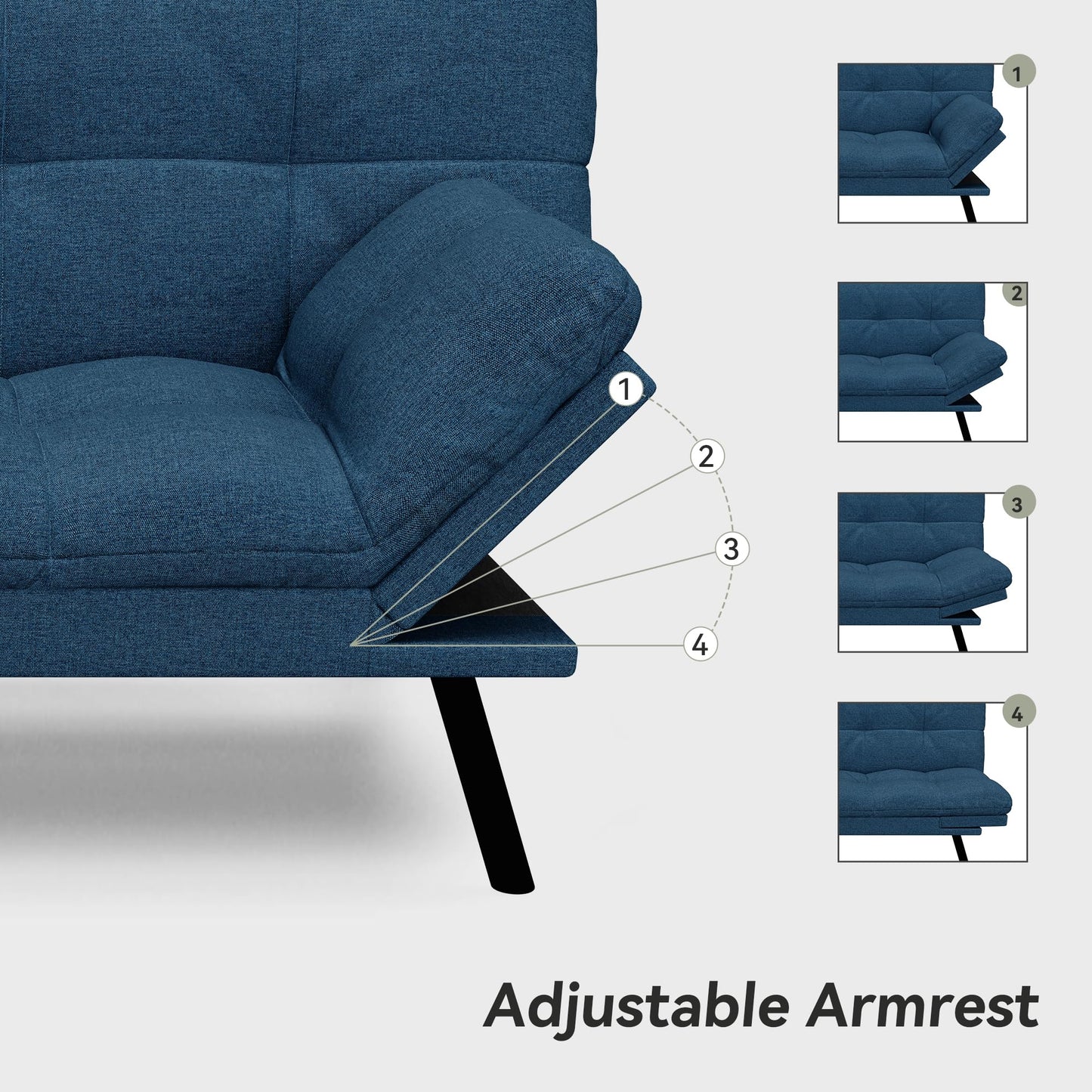 AMICLIBER Convertible Futon Sofa Bed,Blue Linen Modern Futon Couch,Memory Foam Loveseat Sleeper Recliner,Detachable Cushion,Adjustable Backrest & Armrest,Couches for Living Room,Office,Apartment