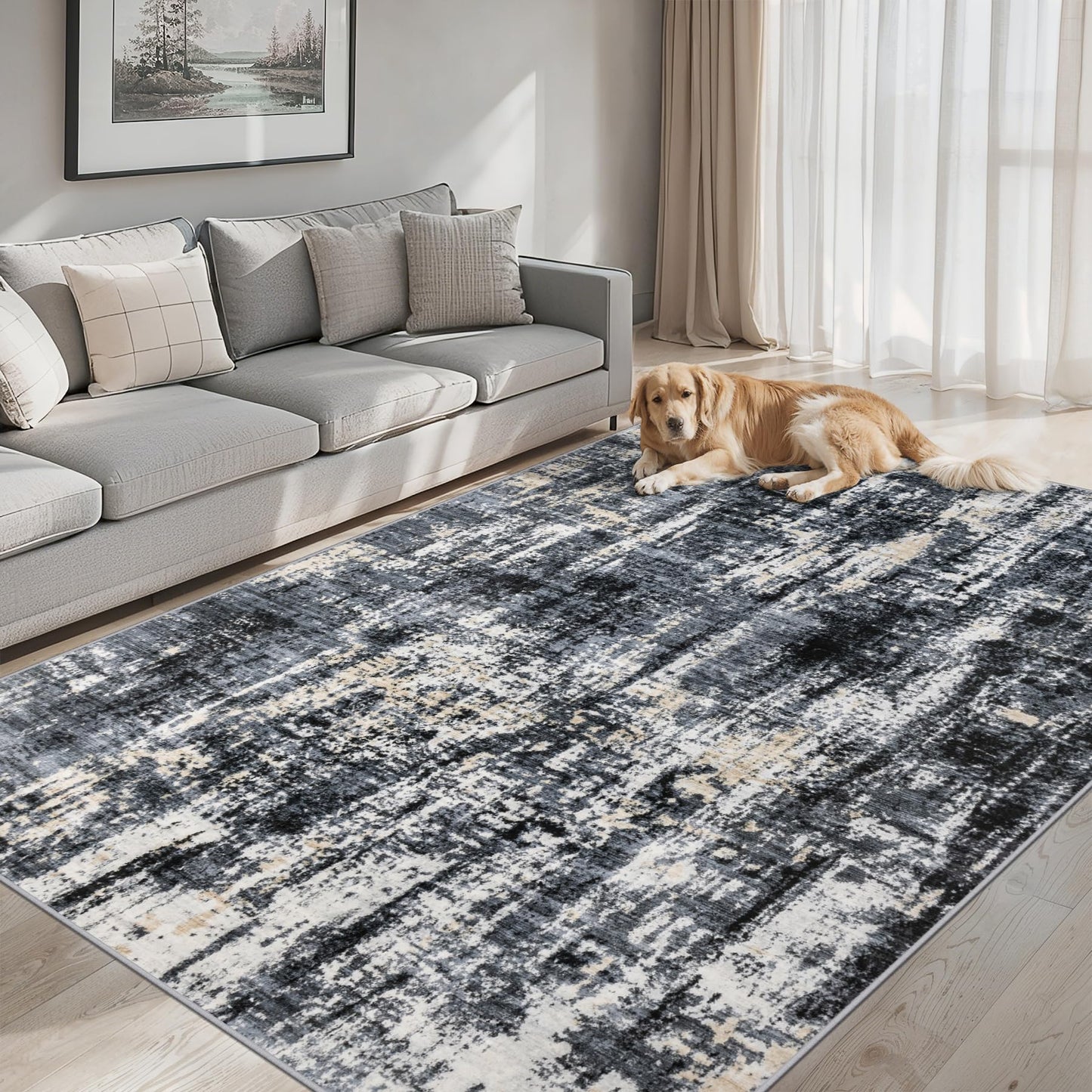 8x10 Area Rugs for Living Room - Washable Rug Modern Abstract Soft Large Neutral Non-Slip Carpet Indoor Floor Thin Carpets for Bedroom Dining Room Farmhouse Nursery Home Office Black Gold