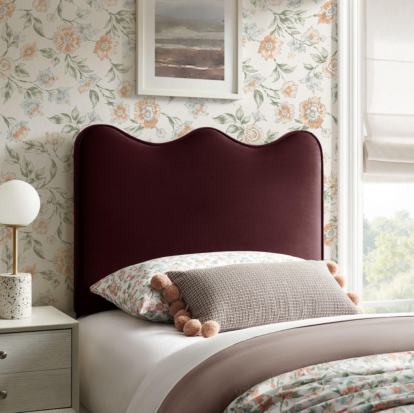 Monday Athena Twin Size Performance Velvet Adjustable Headboard in Mulberry - with Scalloped Wave Design and Stain-Resistant Velvet Upholstery