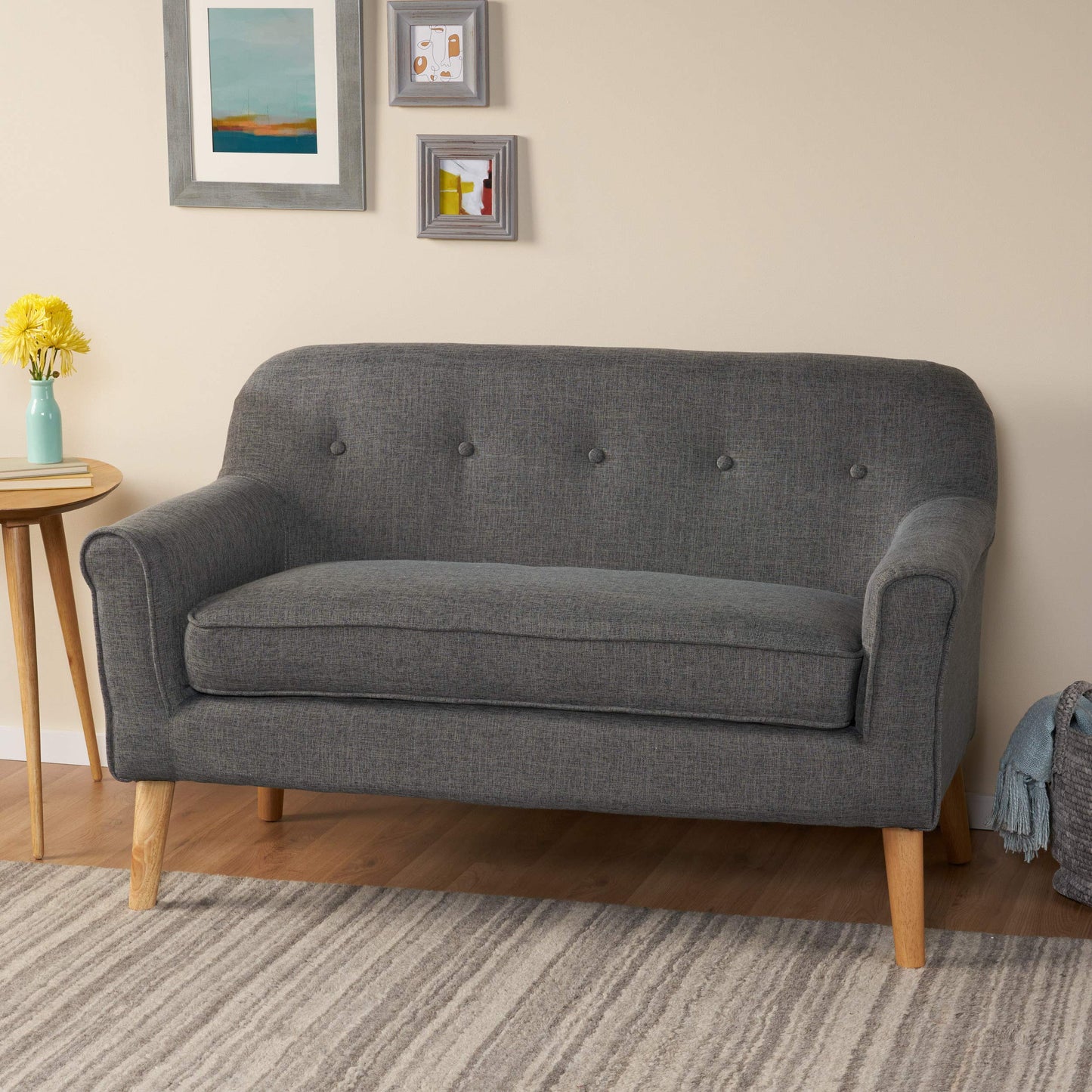 Christopher Knight Home Mariah Mid-Century Modern Loveseat (Grey) and Felicity Mid-Century Fabric Arm Chair (Charcoal)