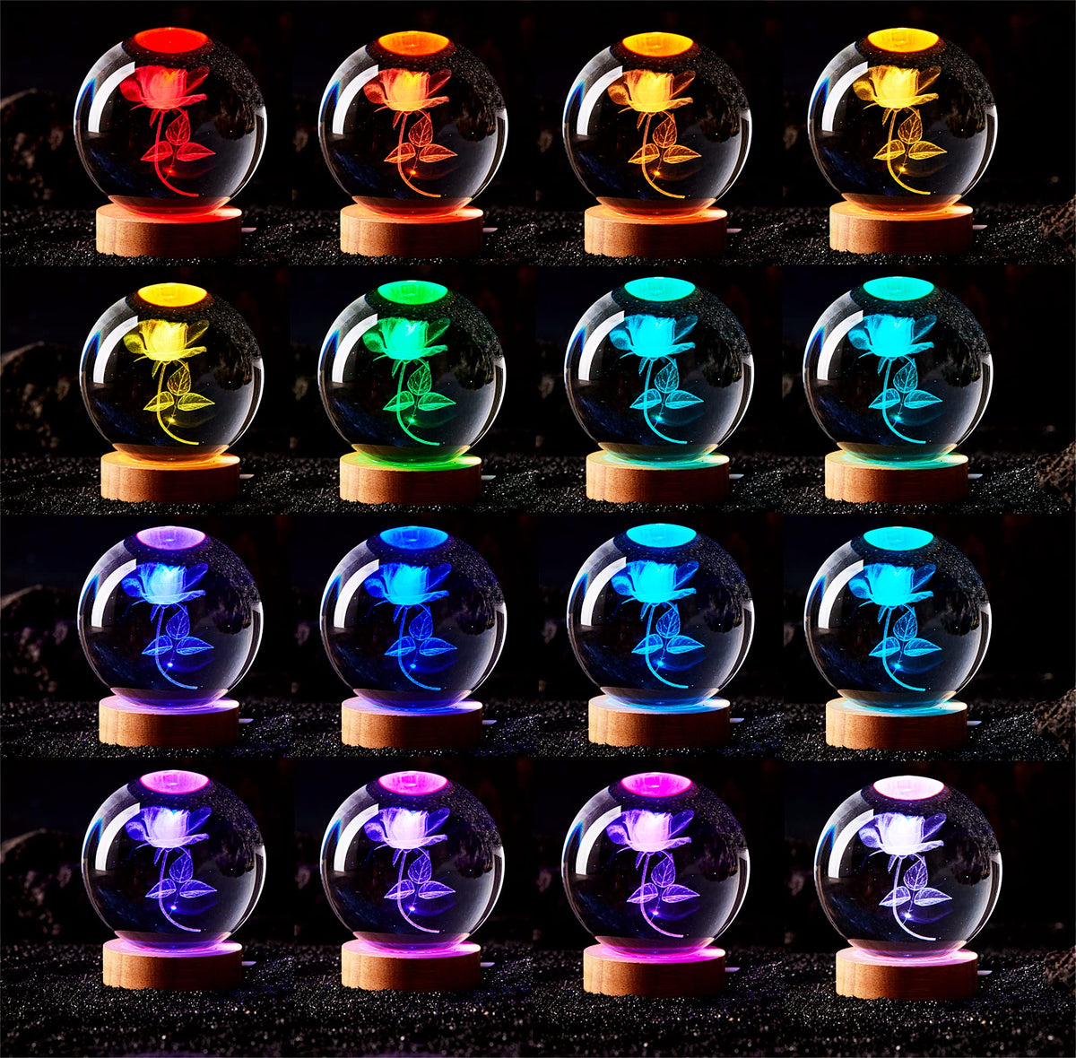3D Rose Crystal Ball Lamp,3.15 inch Crystal Ball Night Light with Wooden Base,16 Colors Changing Light,Dimmable Remote Control,Rose Flower Desk lamp (G)