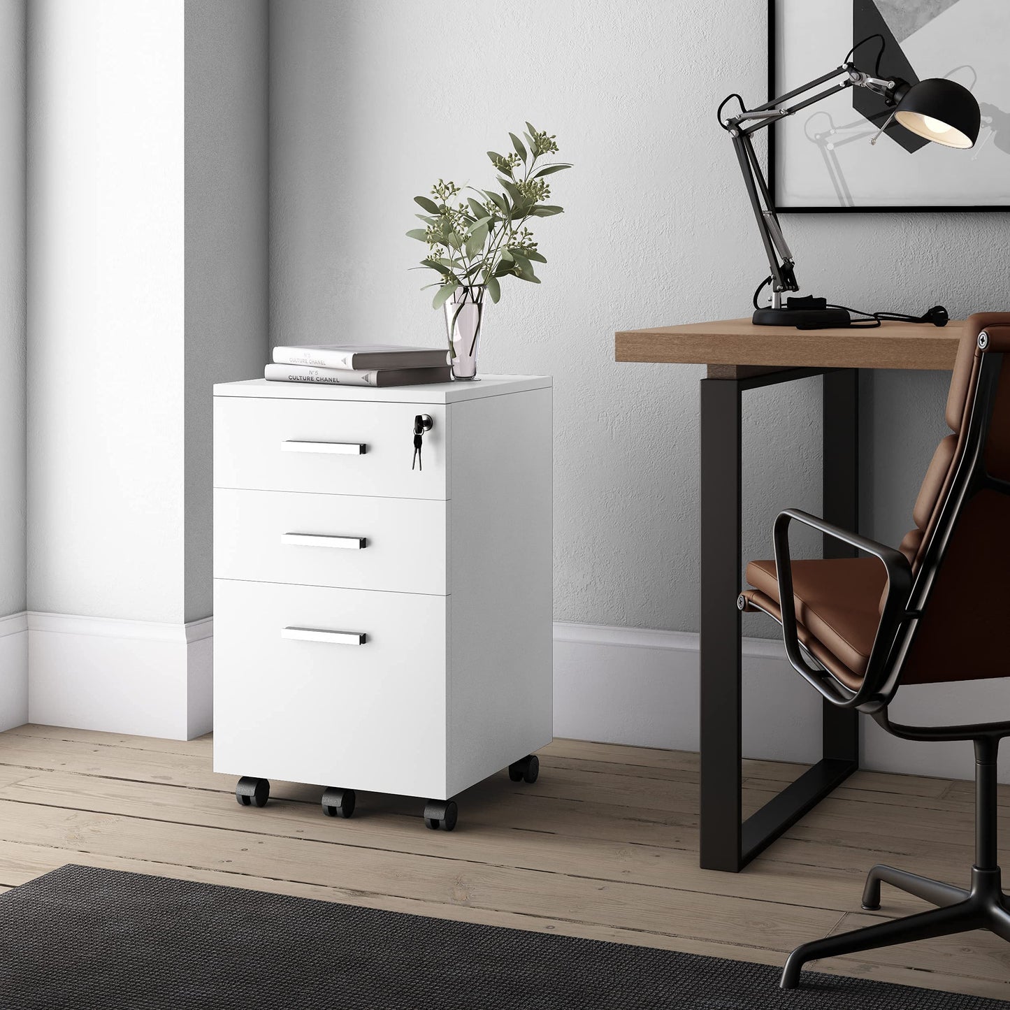Modern Design Lazio White File Cabinet, Filing Cabinets for Home Office, Drawers for Under Desk, Locking 3 Drawer Rolling Wood File Cabinet with Lock, by Crafts and Comfort