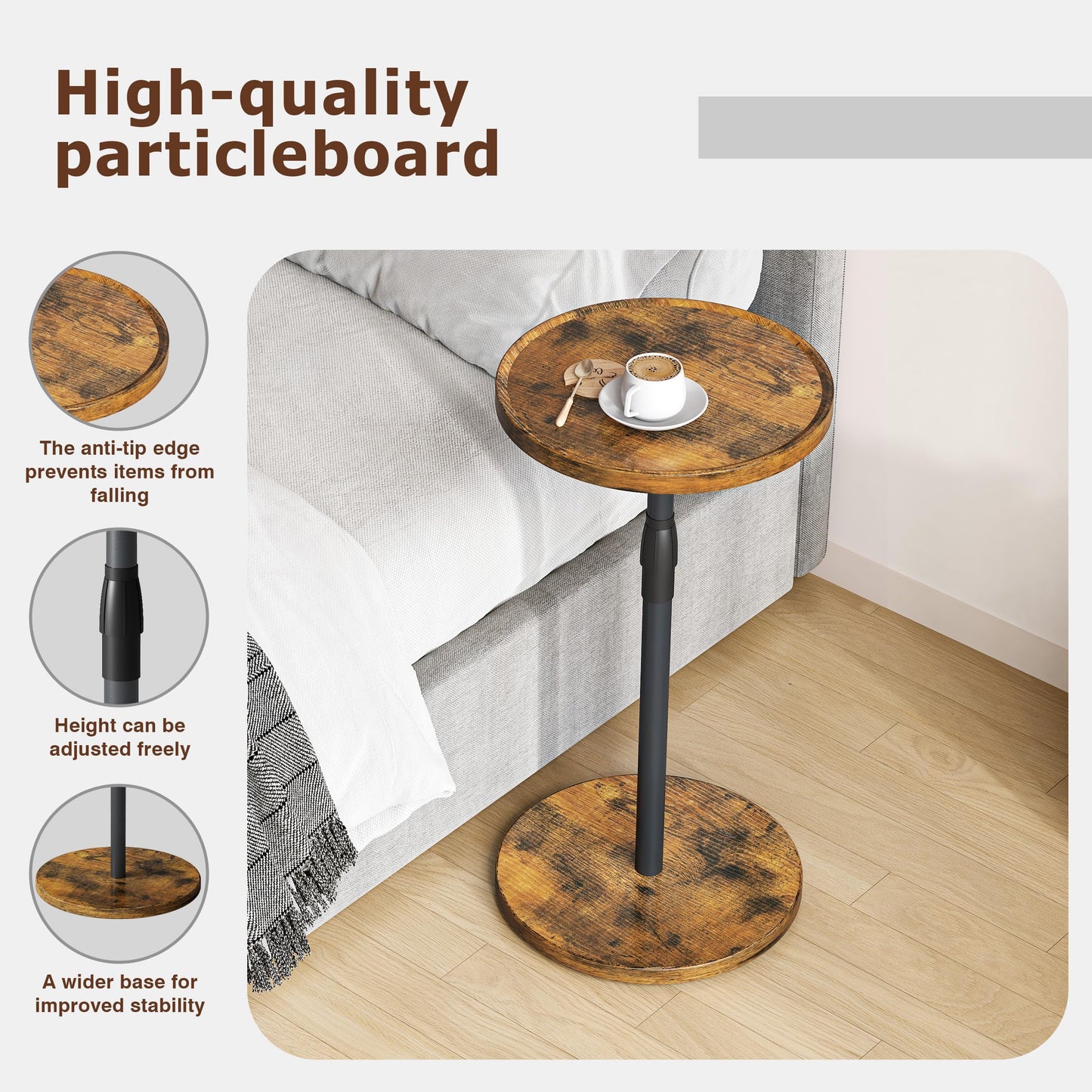 IRCPEN Adjustable Round Side Table, Small End Table, Pedestal Drink Table for Small Spaces, Tall Round Nightstand for Living Room Bedroom Sofa Couch, Rustic Brown ET-010RB