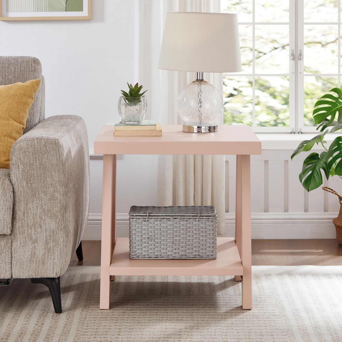Roundhill Furniture Athens Contemporary Wood Shelf End Table in Pink