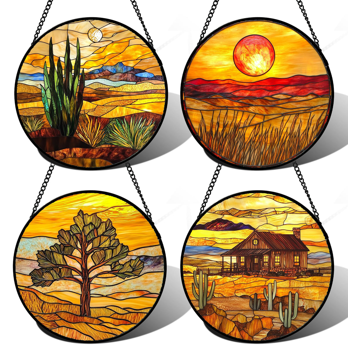 DASTOLL Stained Glass Window Hanging 4 Pcs Set Desert Sunset Theme Landscape 6.3" - Suncatcher Door Garden Sun Catcher Decor Birthday Christmas for Mom Woman Nana Men