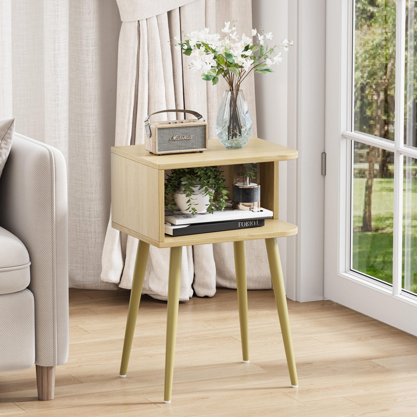 Natural Nightstand Set of 2, Small Bed Side Table for Small Spaces, Mid Century Modern Nightstand End Table with Open Storage, Side Table for Bedroom Living Room, MLBZ20Y-2