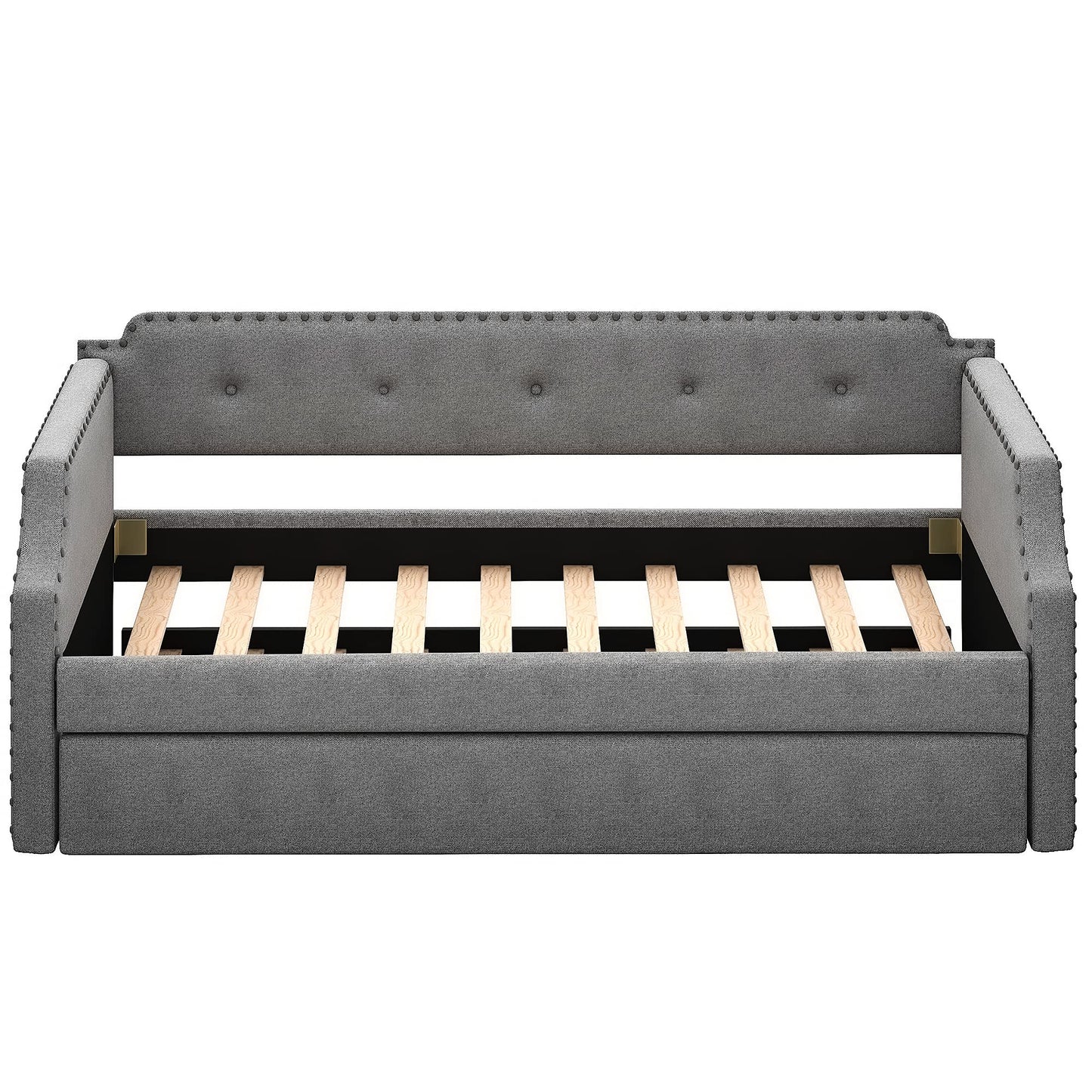 Twin Size Daybed with Trundle, Upholstered daybed with Button Tufted and Nailtrim on Arms, Sofa Bed Frame with Wood Slat Support, No Box Spring, for Living Room, Bedroom, Guest Room, Gray.