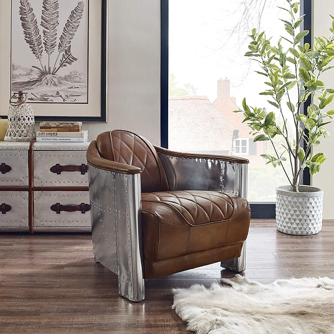 Art Leon Genuine Leather Accent Chair, Mid Century Industrial Armchair