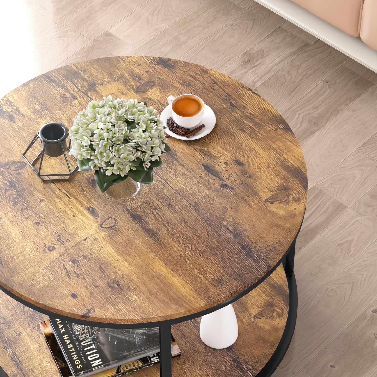 NSdirect Round Coffee Table, 25.6" Small Coffee Table for Living Room,2-Tier Rustic Wood Desktop with Storage Shelf Modern Design Home Furniture(Brown)