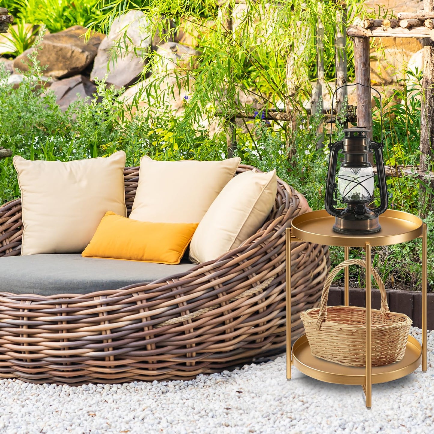 danpinera 2-Tier End Table, Outdoor Side Table Metal Round Side Table with Removable Tray, Small Folding Accent Table, Anti-Rust Nightstand for Bedroom Balcony Patio Living Room (Gold)