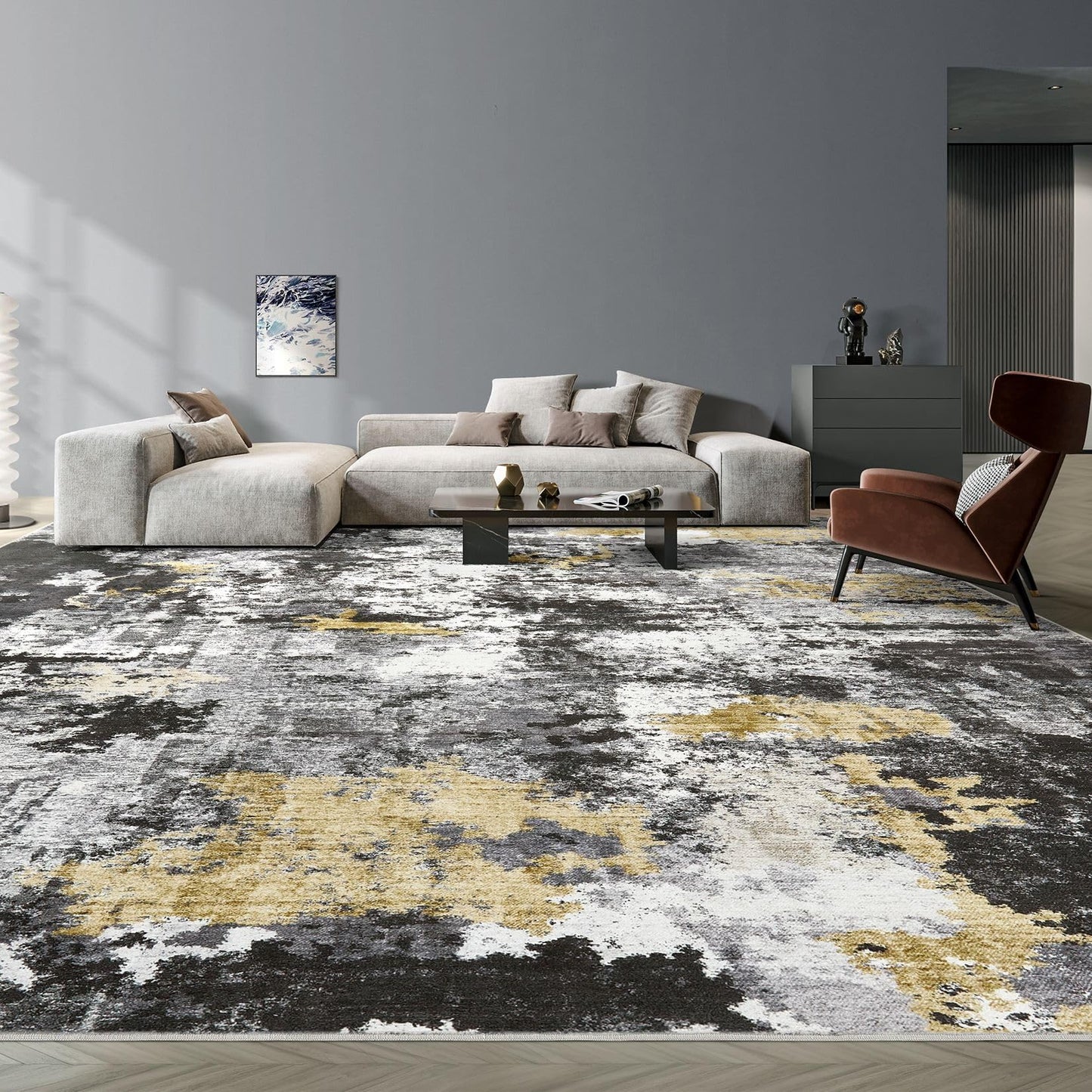TARANCH Abstract 10x14 Area Rug: Machine Washable Non Slip Ultra Thin Low-Pile Carpet, Soft Stain Resistant for Living Dining Room Bedroom, Kid Pet Friendly, Robot Vacuum Compatible - Black Gold