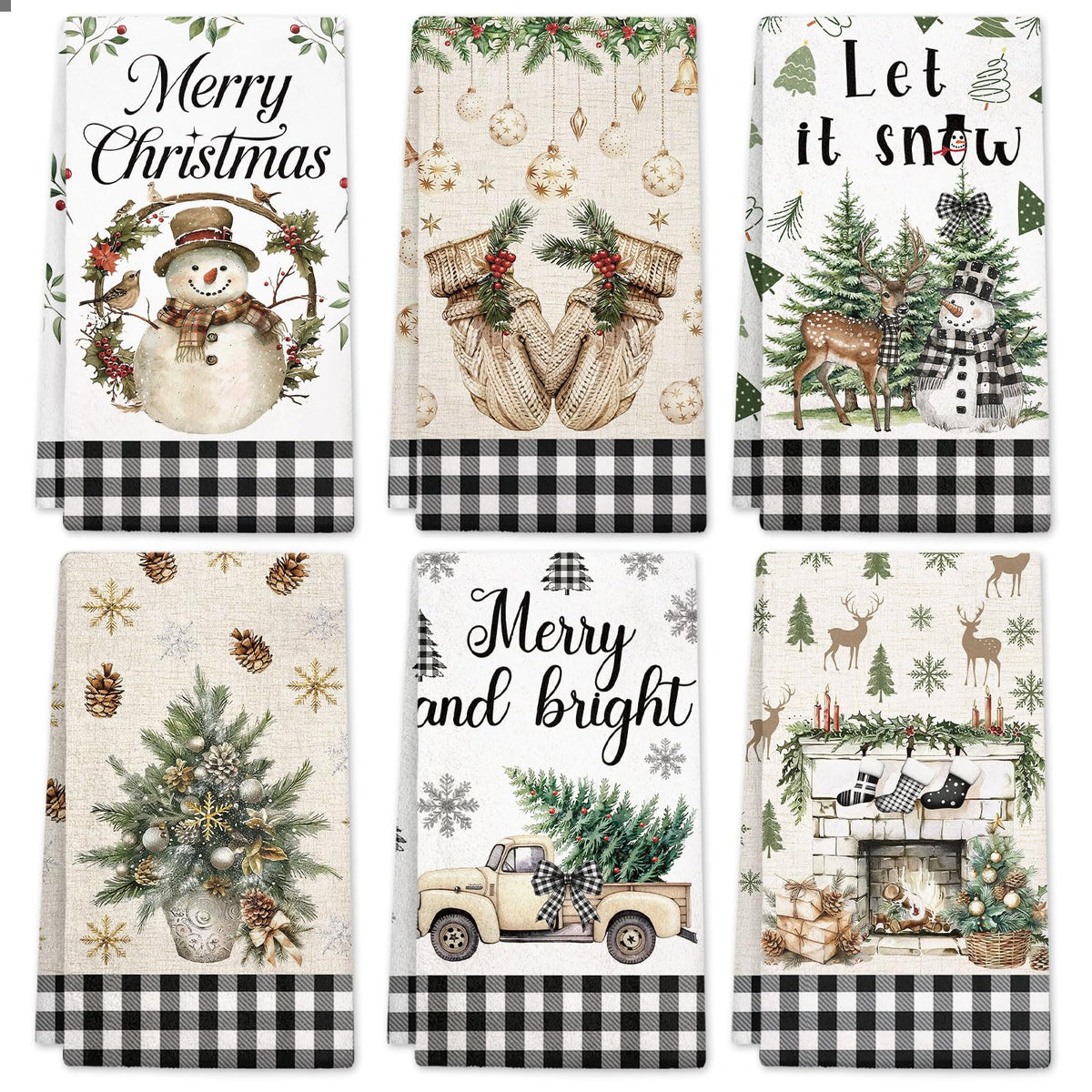 HEIFAM Green Xmas Christmas Kitchen Towels 6 Pcs, Christmas Hand Towel for Bathroom, Holiday Kitchen Towel, Snowman Tea Dish Towels, Snowflake Gloves Decor Gray Strips, Housewarming Gift, 17 X 26in