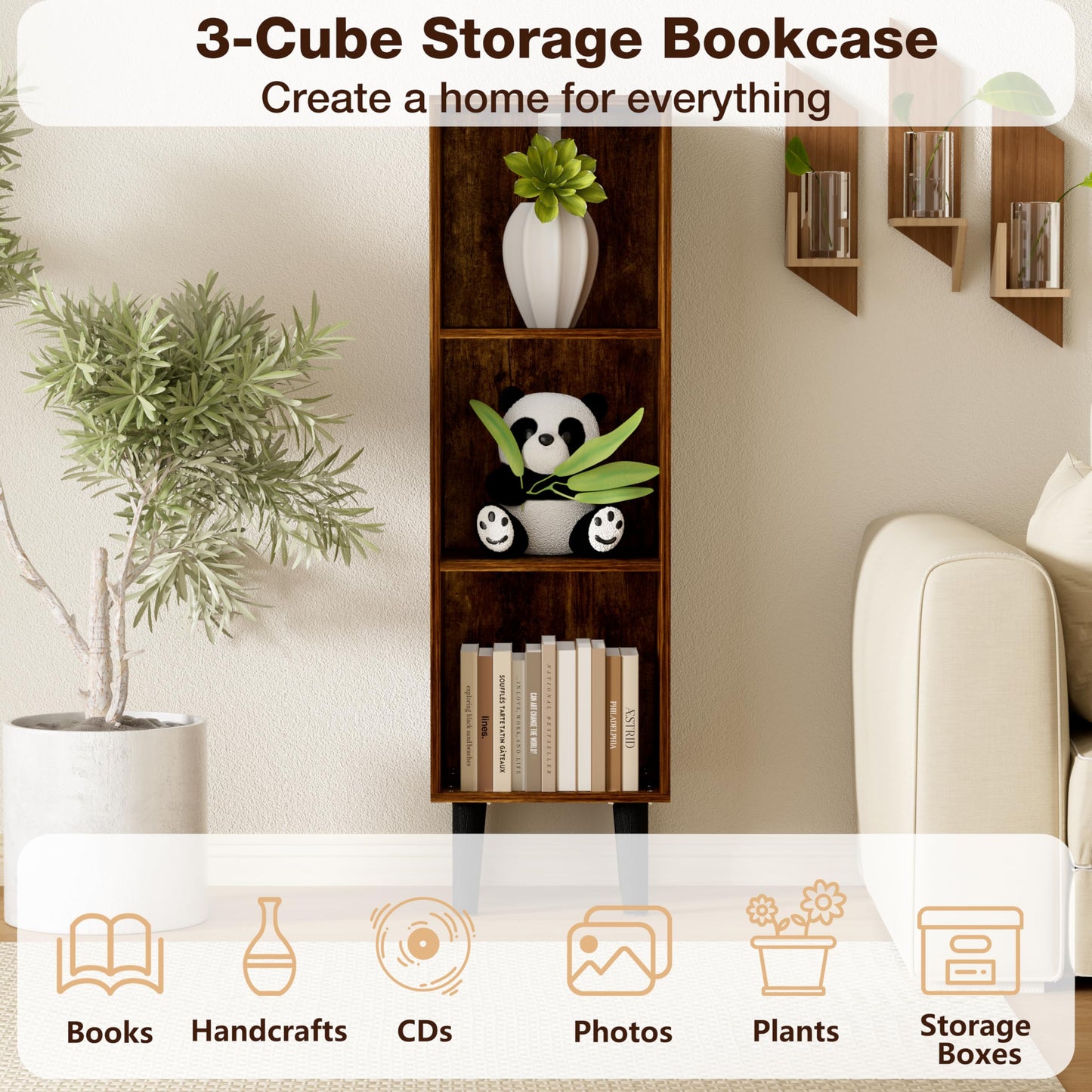 Nestwise 3 Cube Bookcase, Wooden Book Shelf Cube Storage Organizer with Legs, 3 Tier Bookshelf Freestanding Open Shelves for Bedroom, Living Room, Home Office (Brown, 3 Cube)