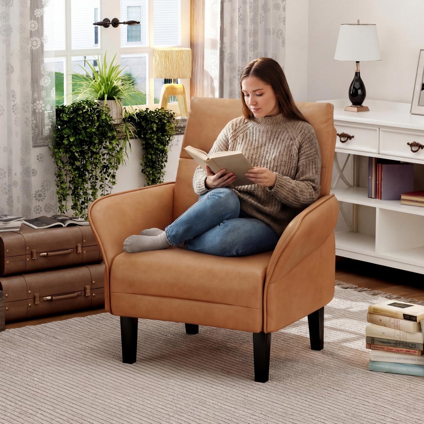 ALISH Mid-Century Accent Chair,Uphsoltered Modern Armchair Side Chairs with Wood Legs,Faux Suede Single Sofa Chair for Living Room, Bedroom (Brown, Set of 1)