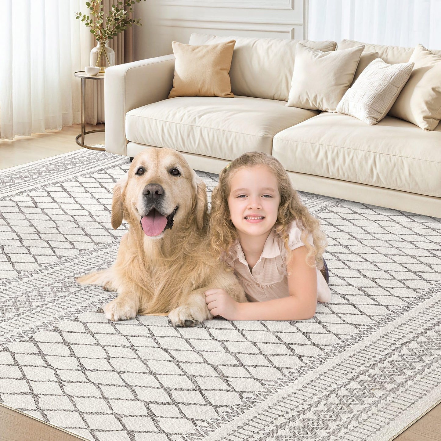 cotiled 5x7 Area Rugs Living Room Rug: Washable Boho Rugs with Non Slip Backing Large Soft Indoor Stain Resistant Carpet for Bedroom Farmhouse Dining Room Lightweight Home Decor Beige/Gray