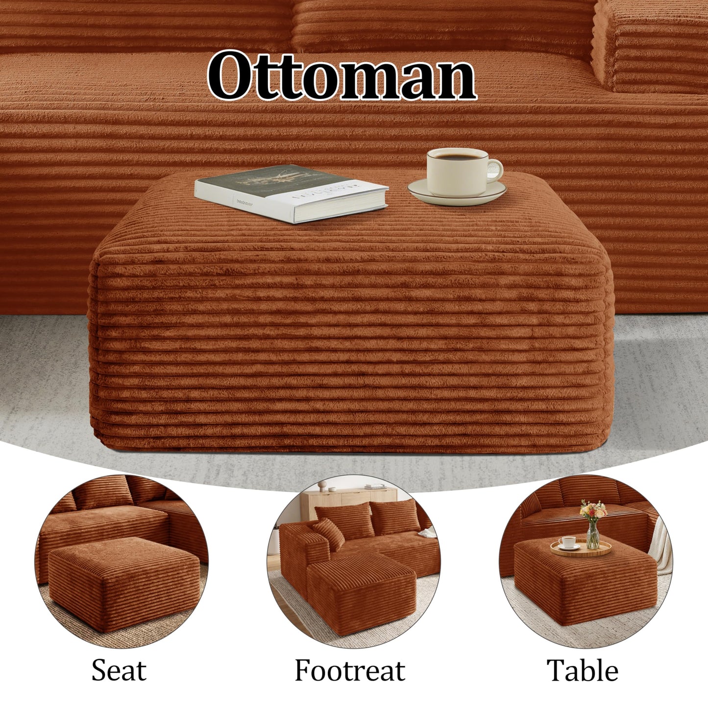 Corduroy Ottoman, Modern Boneless Cloud Foot Rest Foam Support, Oversized Modular Sectional Sofa Rectangel Stool for Living Room, Bedroom & Small Spaces, No Assembly Required (Orange, Ottoman)