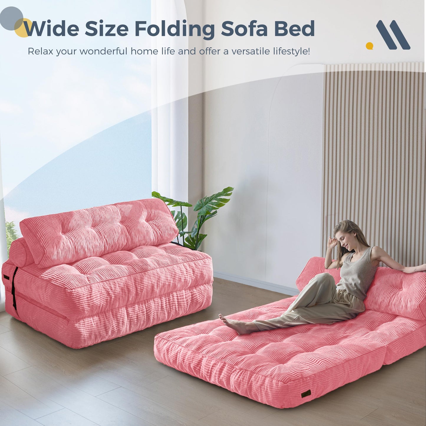 MAXYOYO Folding Sofa Bed, Convertible Chair with Pillow Foldable Couch with Back Support, Portable Fold Out Chair Bed Comfy Floor Sofa Lounge for Living Room Bedroom, Pink Double