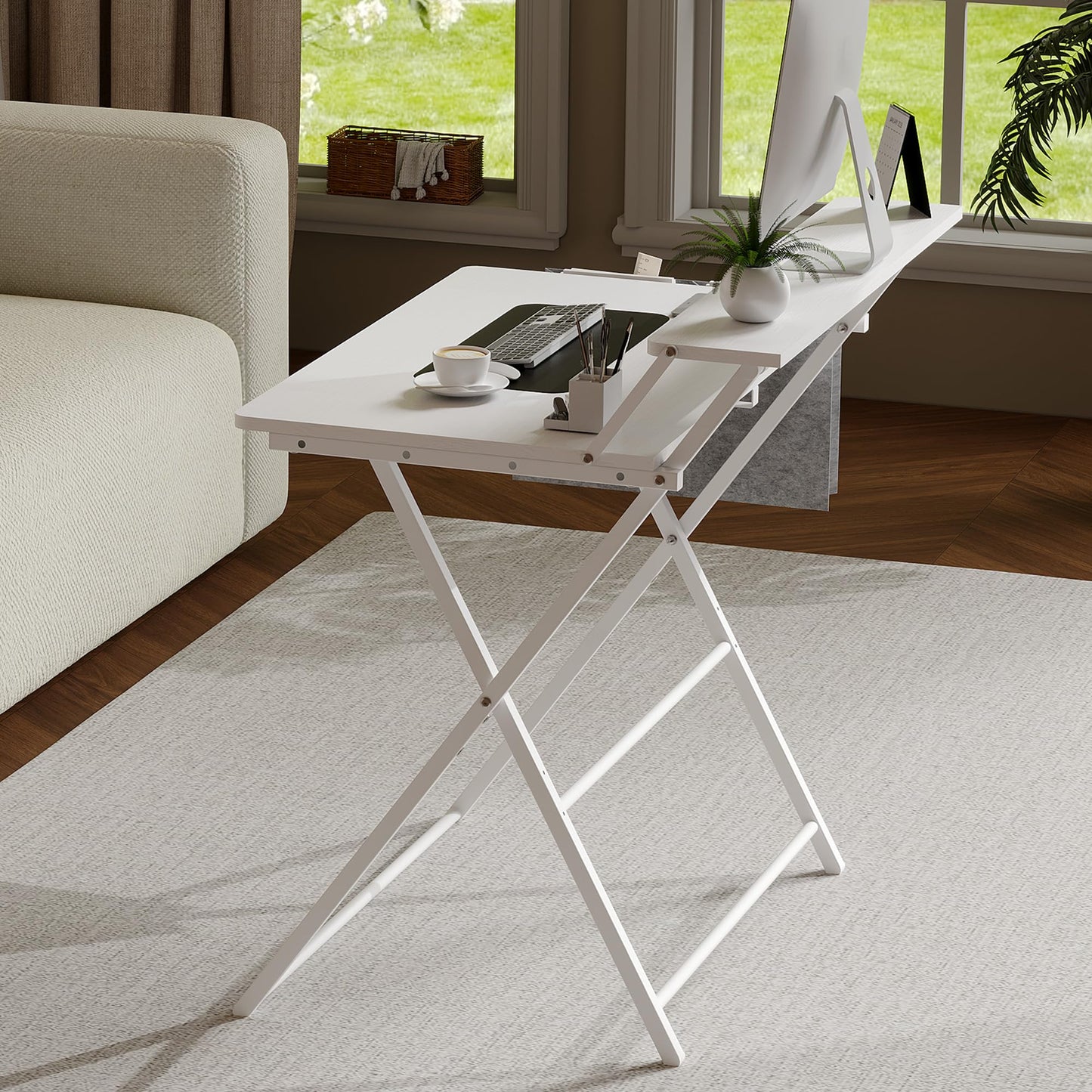 Small Desk No Assembly,31.5Inch 2-Tier Compact Computer Desk with Shelf & Side Pocket,Space Saving Foldable Table for Home Office, Bedroom or Apartment,Portable Collapsible Sturdy Laptop Desk,White