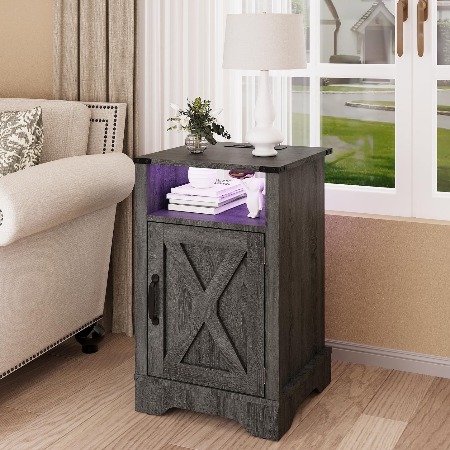 RoyalCraft Farmhouse Nightstand, End Table with LED Lights and Charging Station, Tall Bedside Table with Large Storage and Shelf, Wooden Side Table for Bedroom, Home Office, Dark Grey