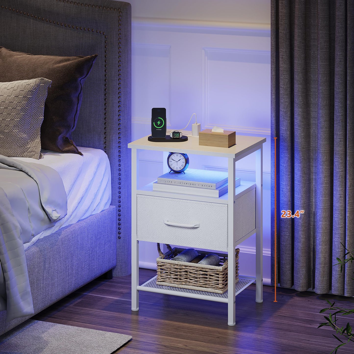 TRIFEBLE Night Stand Set 2, End Table with Charging Station, LED Bedside Table with Fabric Drawer for Bedroom, 3-Tier Side Table with Open Shelf, White