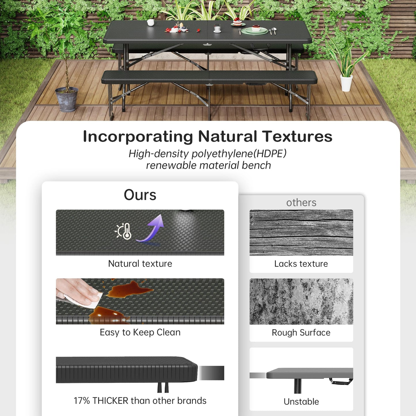 VSOAEIL 6 Foot Folding Bench, Portable Plastic Folding Bench Seat, Foldable Seat for Indoor Outdoor Picnic Camping Dining, Soccer Garden Multipurpose Entertaining Activities, Black Rattan, 1 Pack