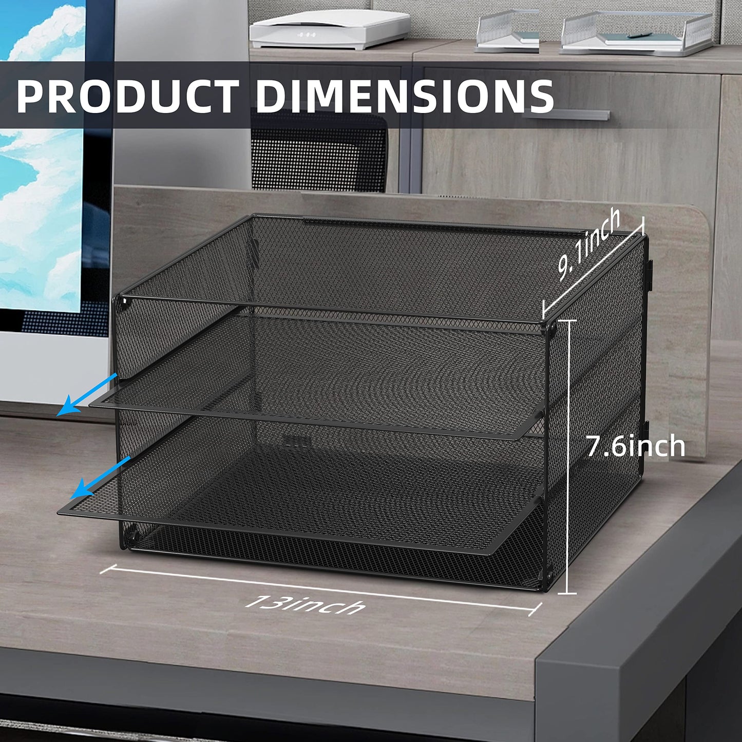 DALTACK 3 Tier Letter Tray Paper Organizer for Desk, Mesh Metal Desk File Organizer with Sliding Trays for Letter/A4 Paper, Mail, Bills & Folders, Black