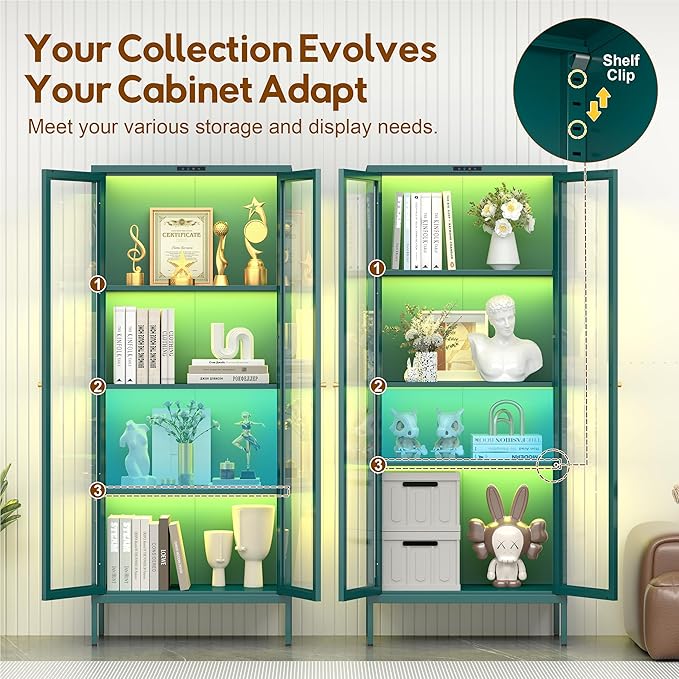 UNICOLY Display Cabinet with Glass Doors, Glass Display Cabinet with 8 Color