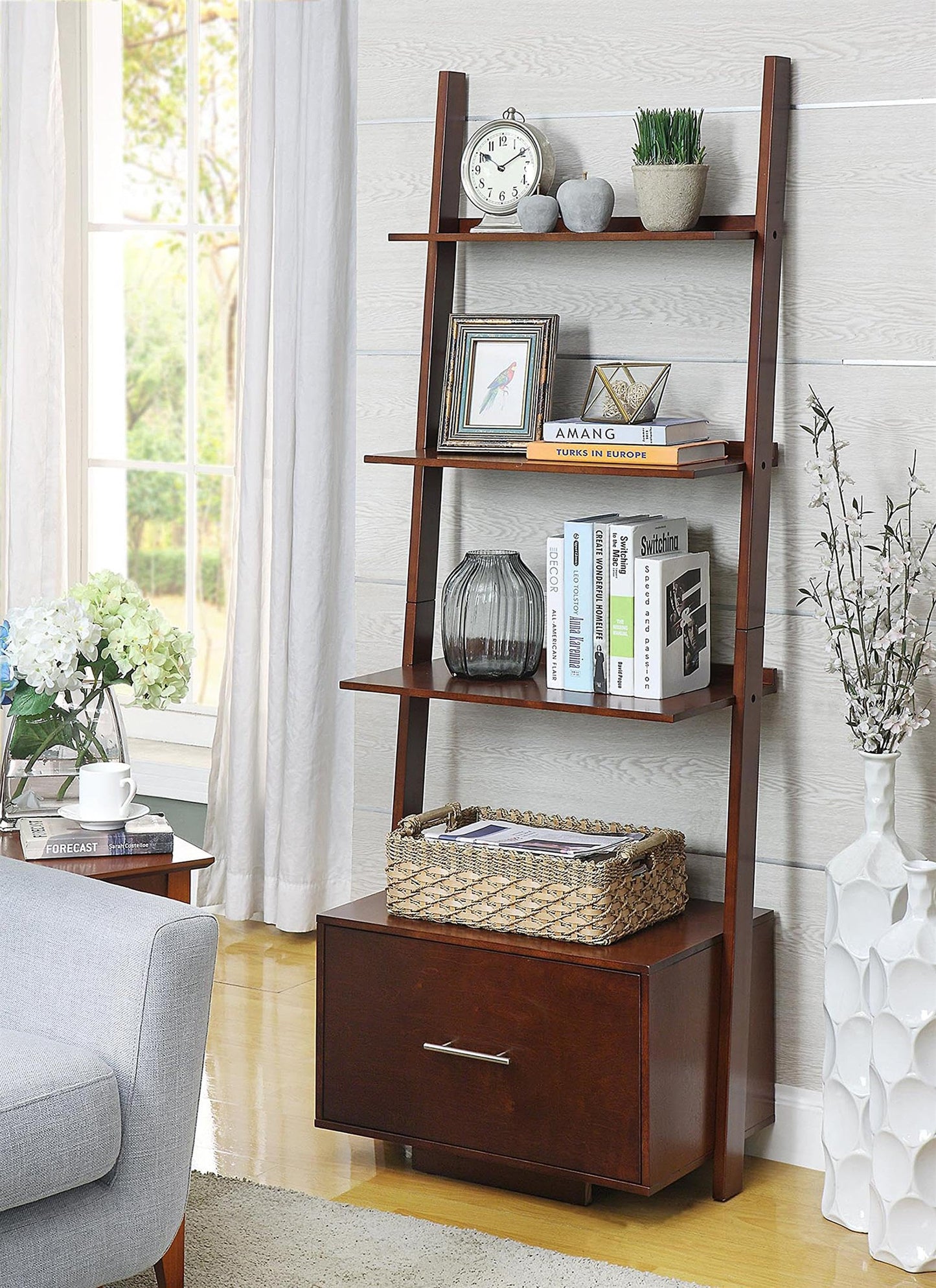 Convenience Concepts American Heritage Ladder Bookcase with File Drawer, Espresso