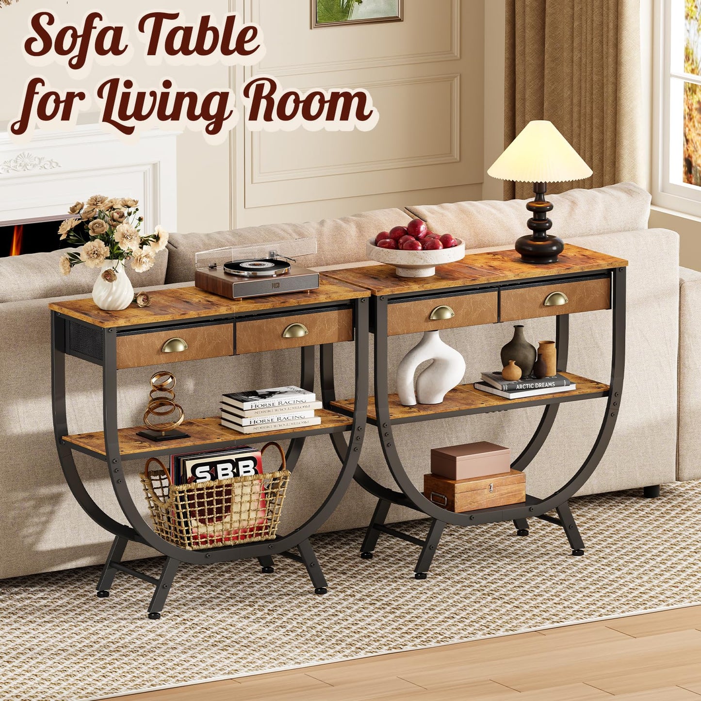 Console Entryway Table with 2 Drawers, 31.5" Height Sofa Table Behind Couch with 3 Tier Storage Shelves，Industrial TV Stand Accent Furniture for Hallway Corner Living Room Bedroom Entry Way Home Decor