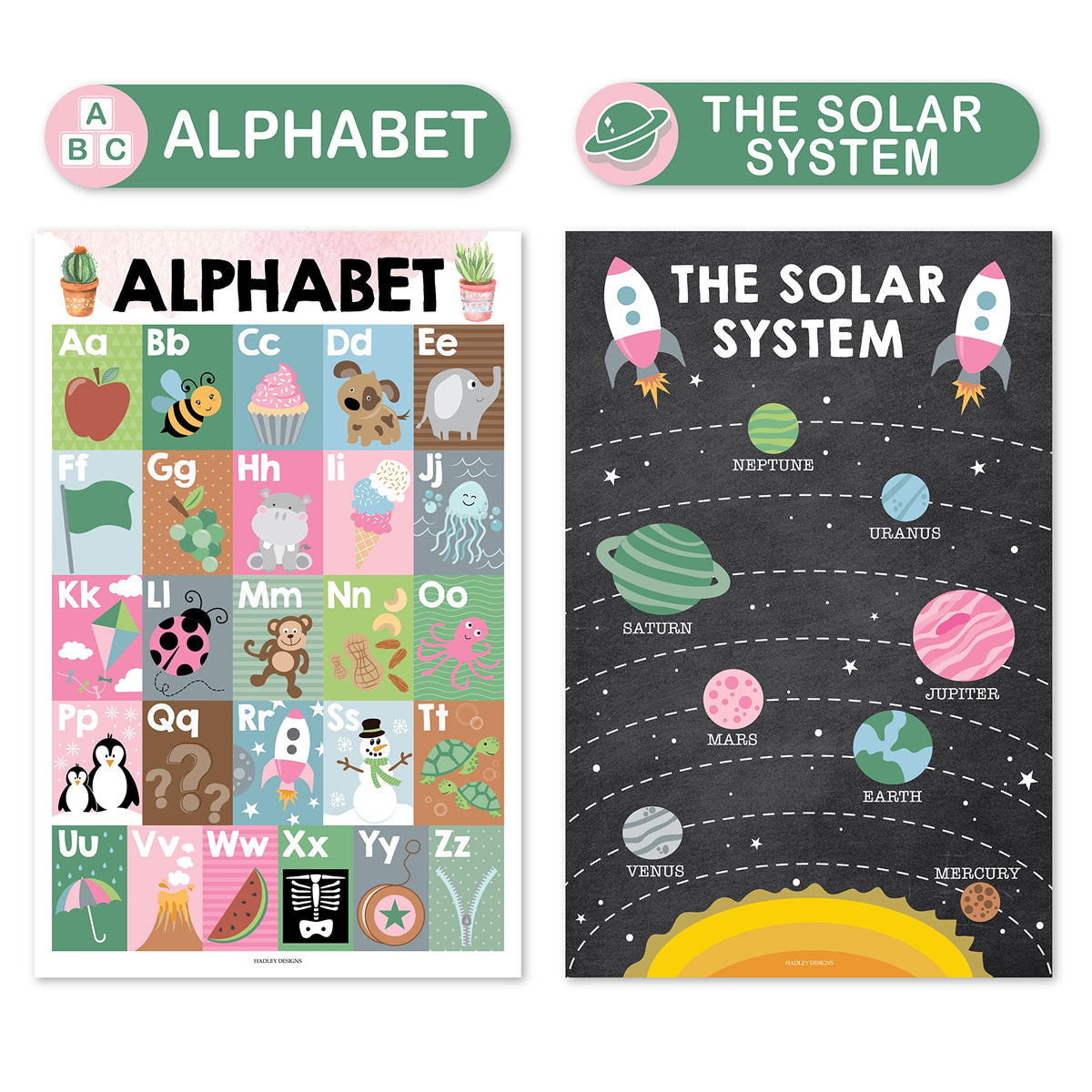 Hadley Designs 4 Alphabet, Map of United States, World Map, & Solar System Posters - Laminated ABC Charts for Toddlers Wall Decor, Cactus Posters for Kindergarten, Prek Classroom or Homeschool 11x17