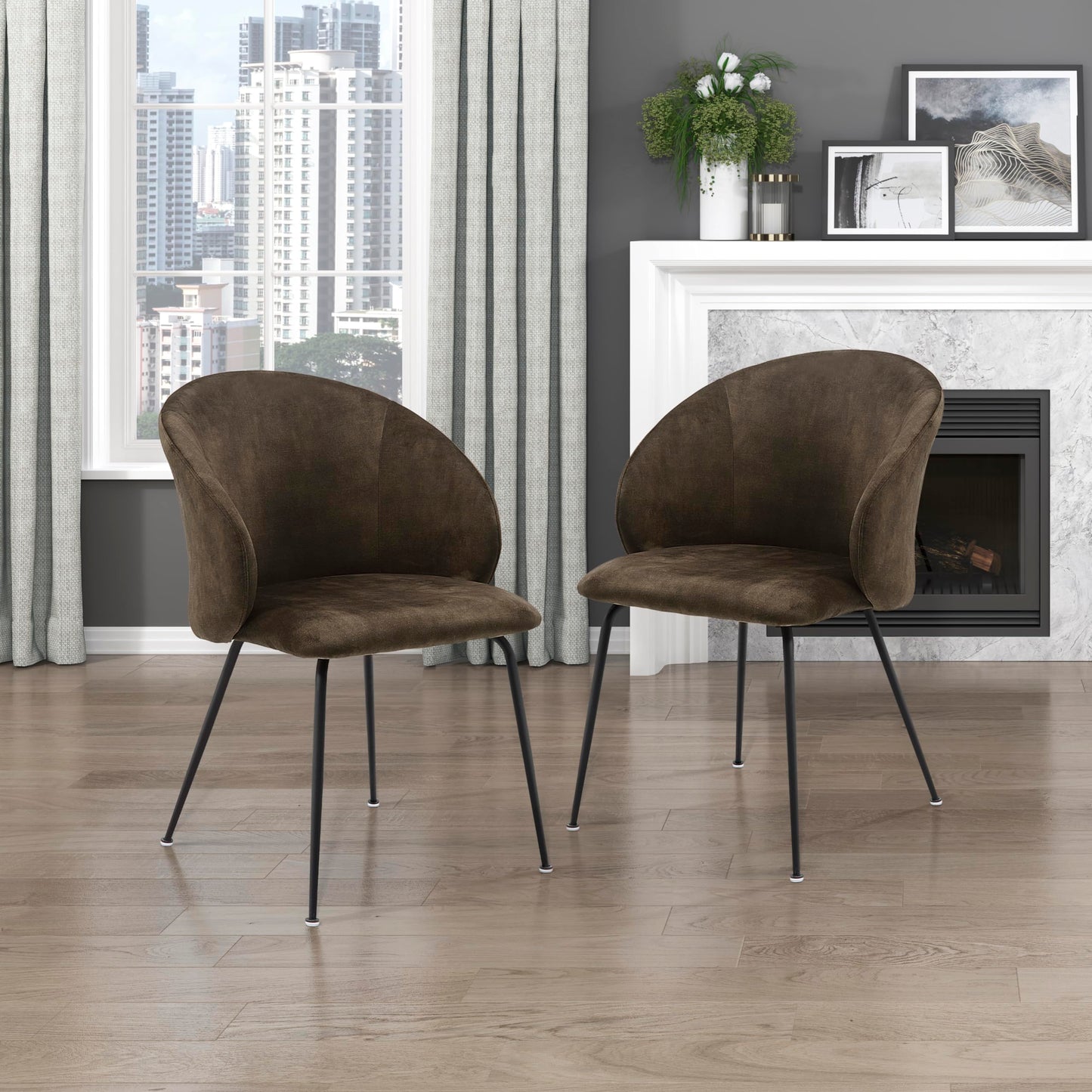 Lexicon Dining Chairs Set of 2, Modern Kitchen & Dining Room Chairs, Velvet Upholstered Cushion Seat, Round Back, Armless, Sturdy Black Metal Legs, Easy Assemble, Brown