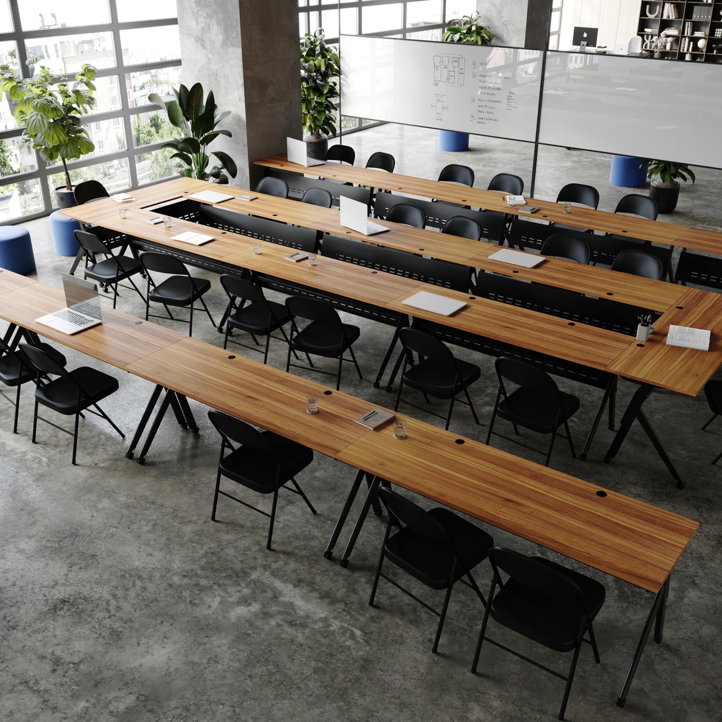 BizChair Commercial Grade 72" x 24" Heavy-Duty Nesting Flip Training Table with Y-Legs, Modesty Panel, 1" Thick Walnut Tabletop, and Black Steel Frame